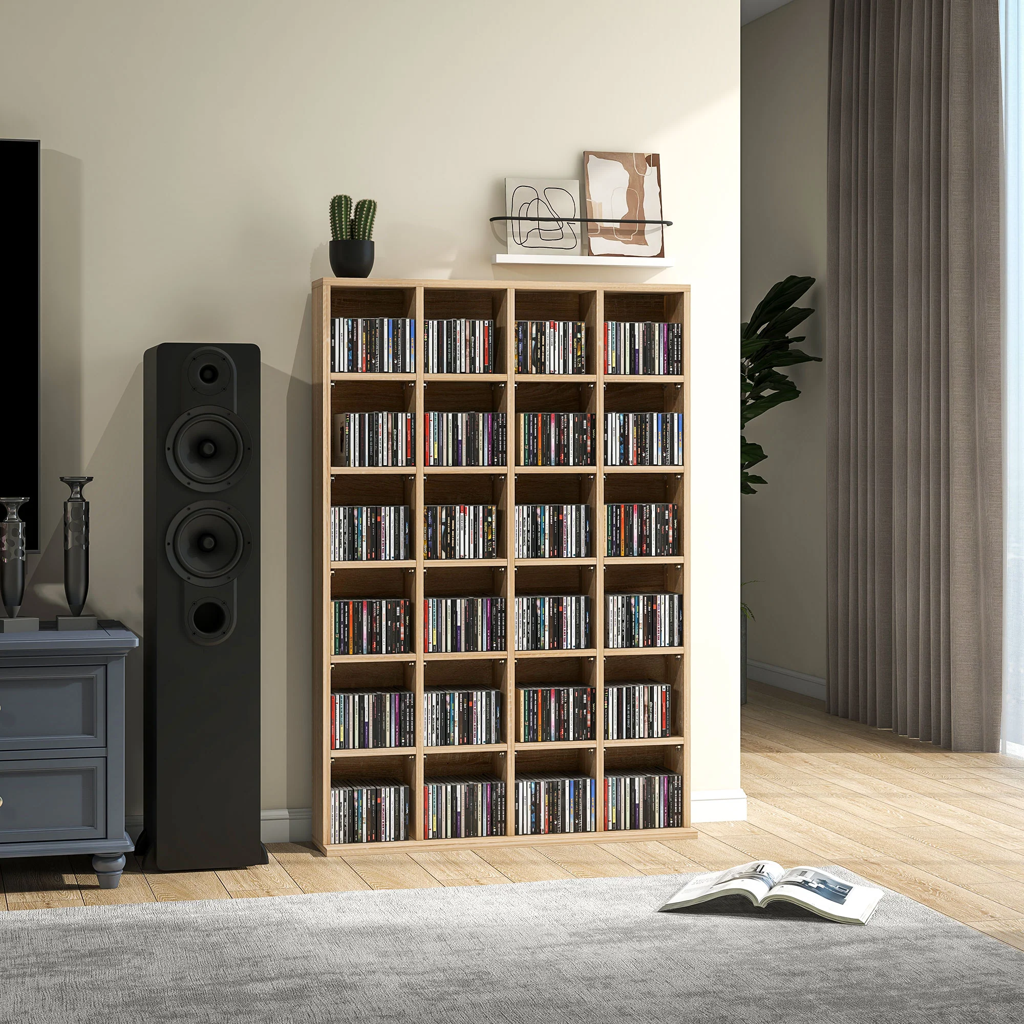Rangements pour CD et DVD, meuble de rangement multimédia avec 24 compartiments, capacité max. 456 CD/ 336 DVD, bibliothèque en bois avec étagères réglables, 89 x 20 x 130,5 cm, bois naturel - Image 3