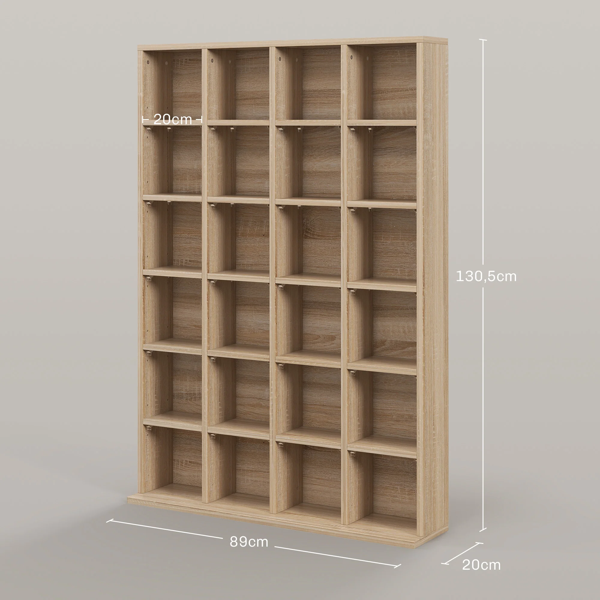 Rangements pour CD et DVD, meuble de rangement multimédia avec 24 compartiments, capacité max. 456 CD/ 336 DVD, bibliothèque en bois avec étagères réglables, 89 x 20 x 130,5 cm, bois naturel - Image 4