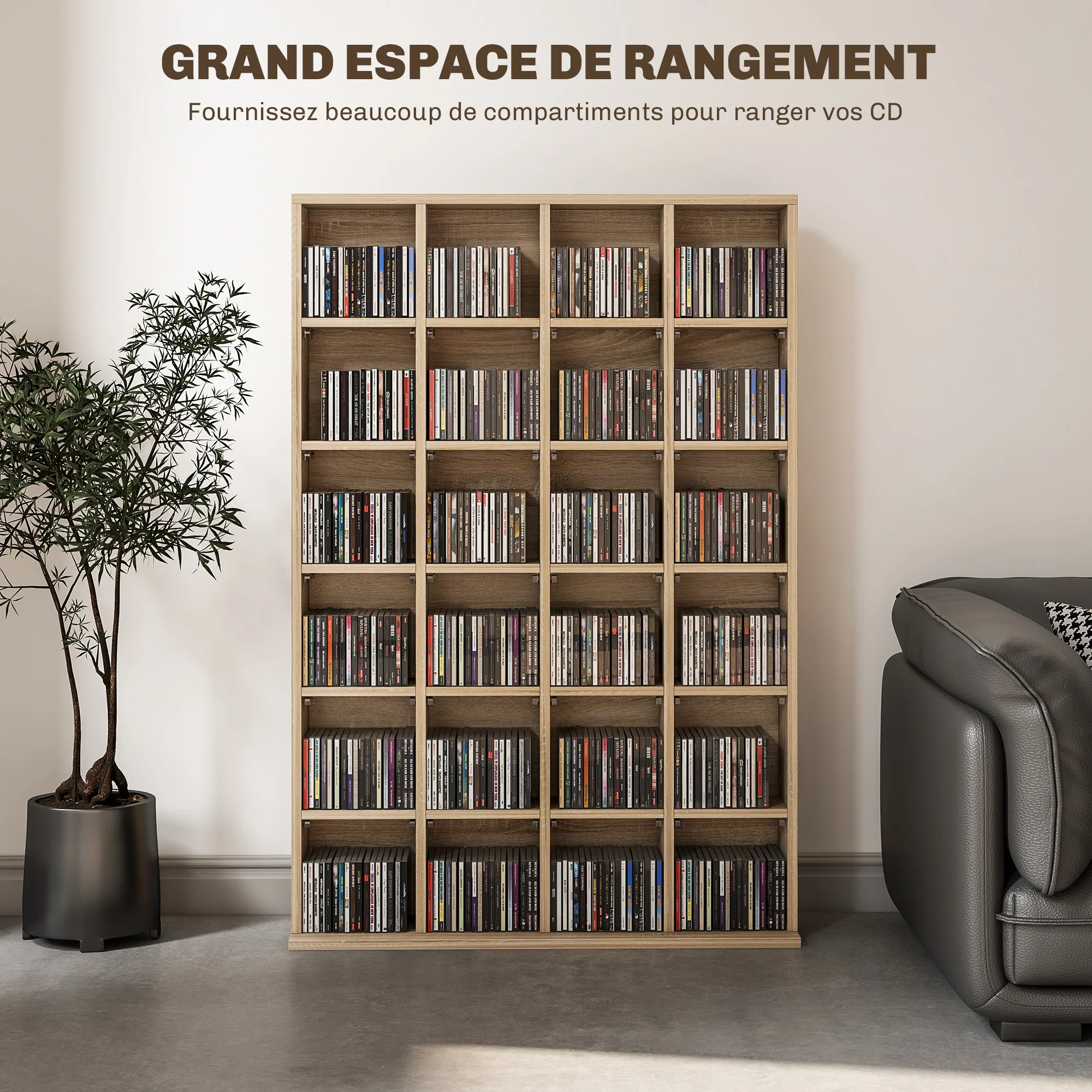 Rangements pour CD et DVD, meuble de rangement multimédia avec 24 compartiments, capacité max. 456 CD/ 336 DVD, bibliothèque en bois avec étagères réglables, 89 x 20 x 130,5 cm, bois naturel - Image 5