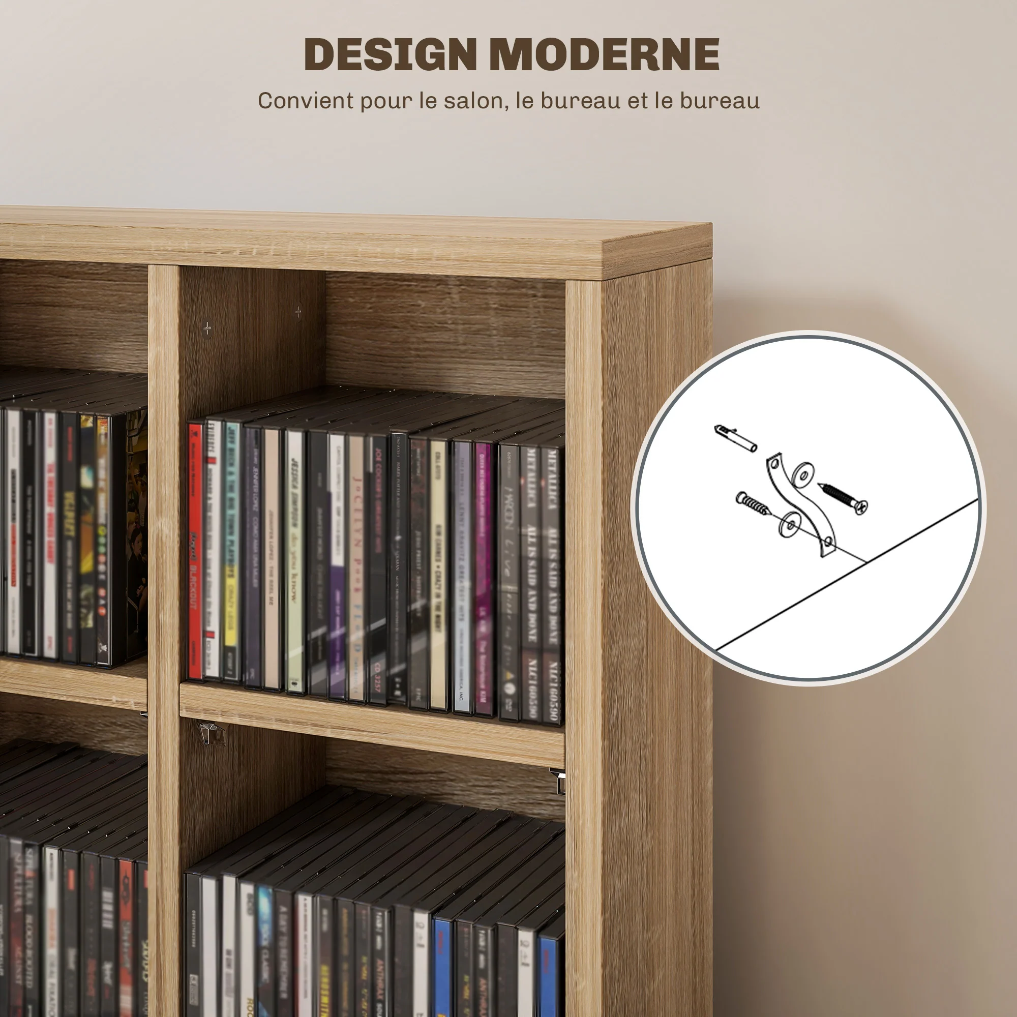Rangements pour CD et DVD, meuble de rangement multimédia avec 24 compartiments, capacité max. 456 CD/ 336 DVD, bibliothèque en bois avec étagères réglables, 89 x 20 x 130,5 cm, bois naturel - Image 7