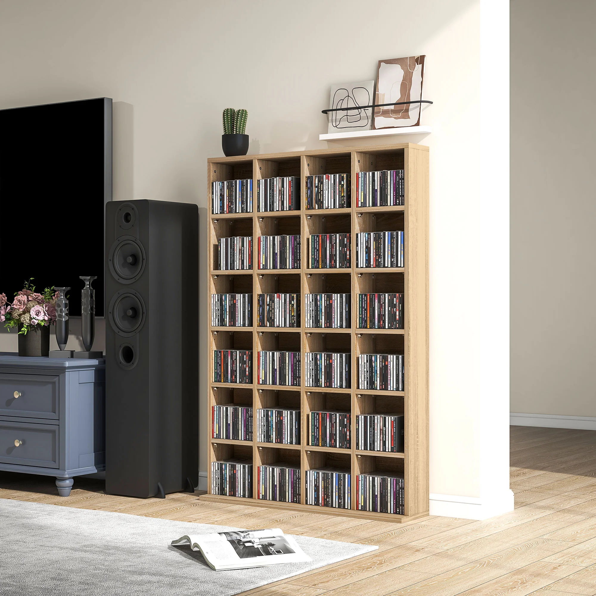 Rangements pour CD et DVD, meuble de rangement multimédia avec 24 compartiments, capacité max. 456 CD/ 336 DVD, bibliothèque en bois avec étagères réglables, 89 x 20 x 130,5 cm, bois naturel - Image 8