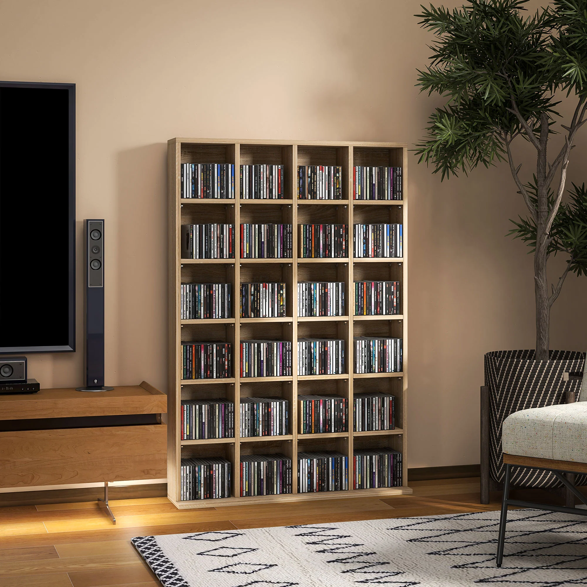 Rangements pour CD et DVD, meuble de rangement multimédia avec 24 compartiments, capacité max. 456 CD/ 336 DVD, bibliothèque en bois avec étagères réglables, 89 x 20 x 130,5 cm, bois naturel - Image 9