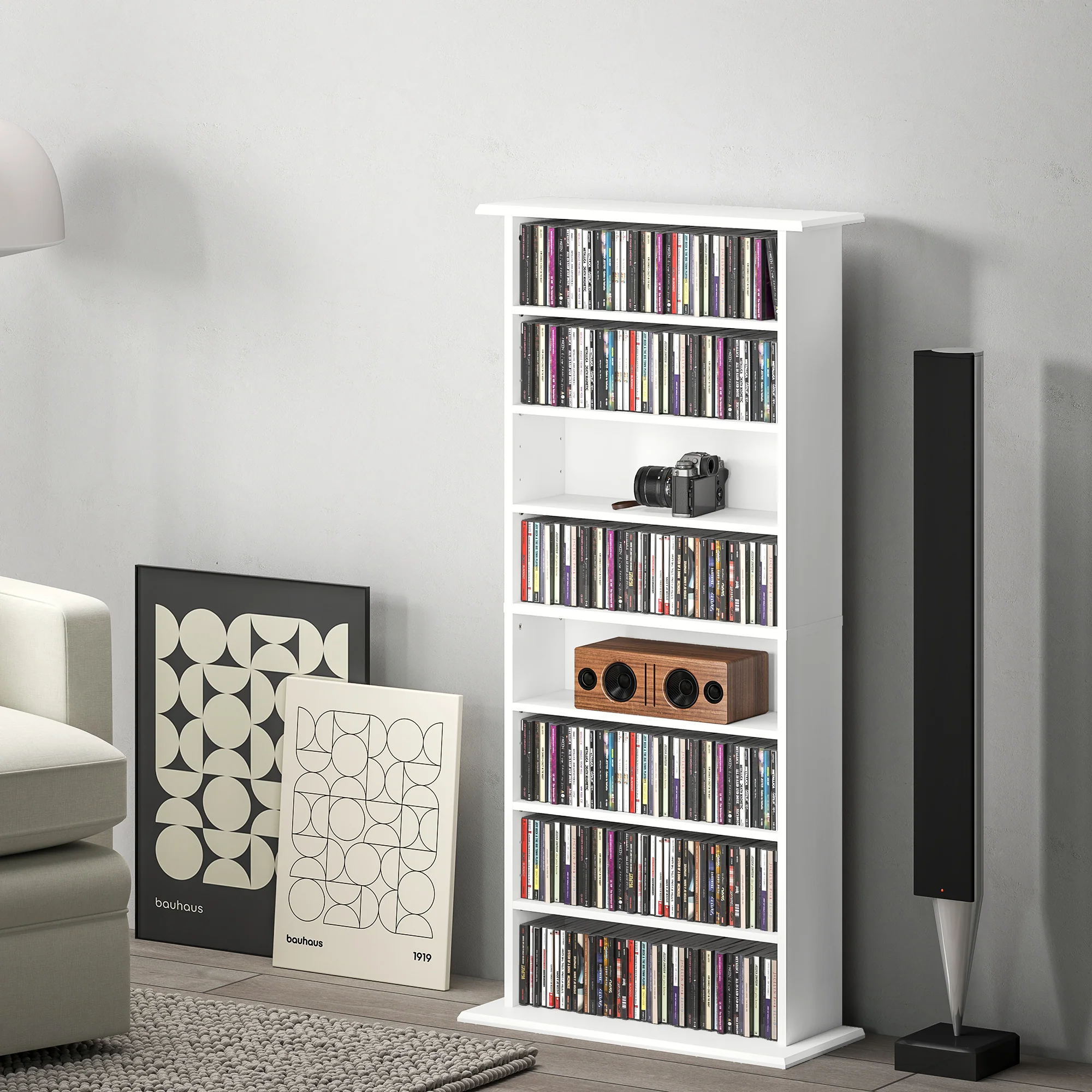 Rangements pour CD et DVD, meuble de rangement multimédia avec 8 compartiments et 6 étagères réglables, capacité max. 360 CD/185 DVD et Blu-ray, 58 x 24 x 126,5 cm, blanc - Image 3