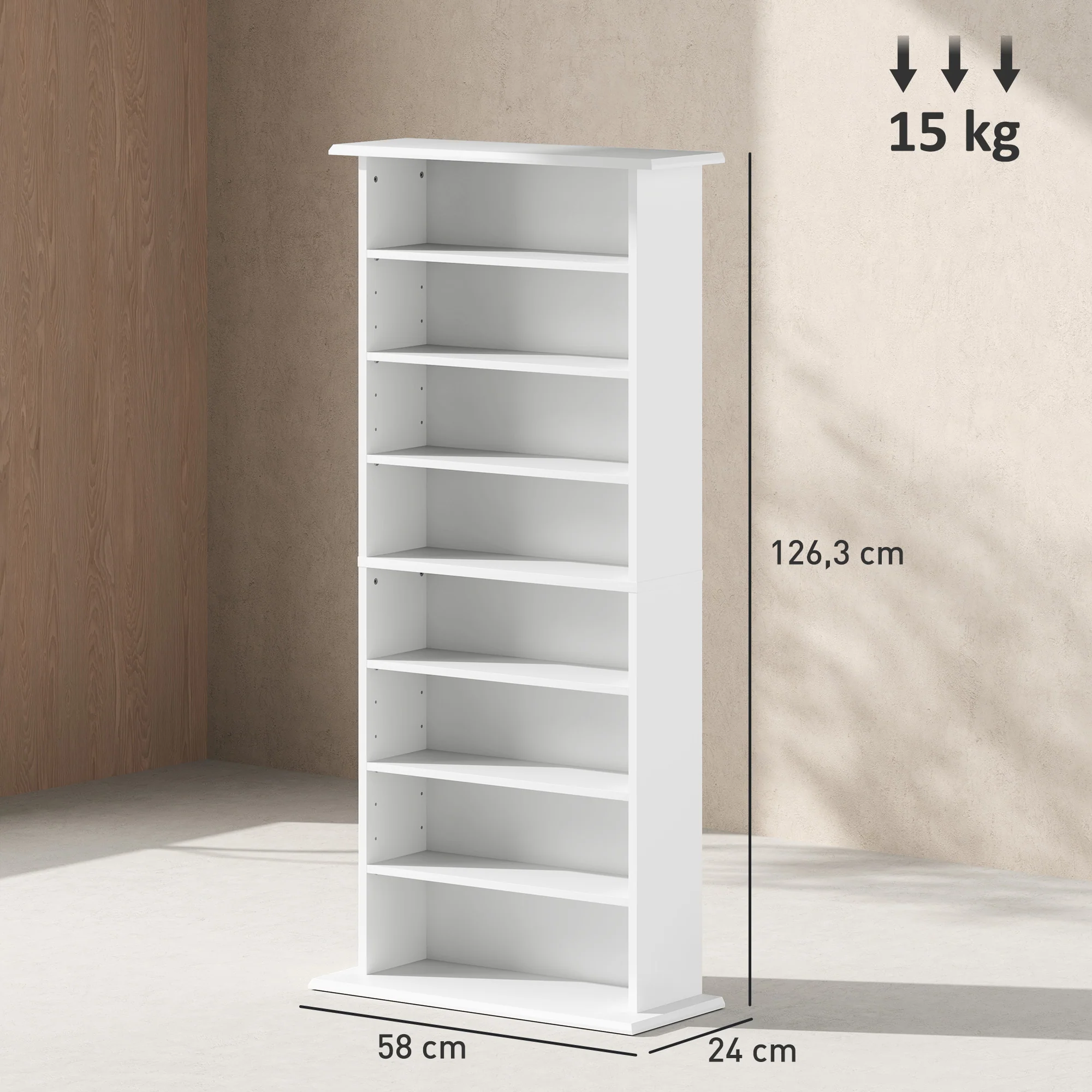 Rangements pour CD et DVD, meuble de rangement multimédia avec 8 compartiments et 6 étagères réglables, capacité max. 360 CD/185 DVD et Blu-ray, 58 x 24 x 126,5 cm, blanc - Image 4