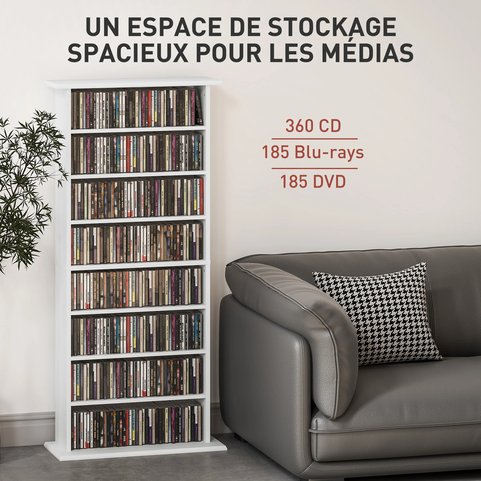 Rangements pour CD et DVD, meuble de rangement multimédia avec 8 compartiments et 6 étagères réglables, capacité max. 360 CD/185 DVD et Blu-ray, 58 x 24 x 126,5 cm, blanc - Image 5