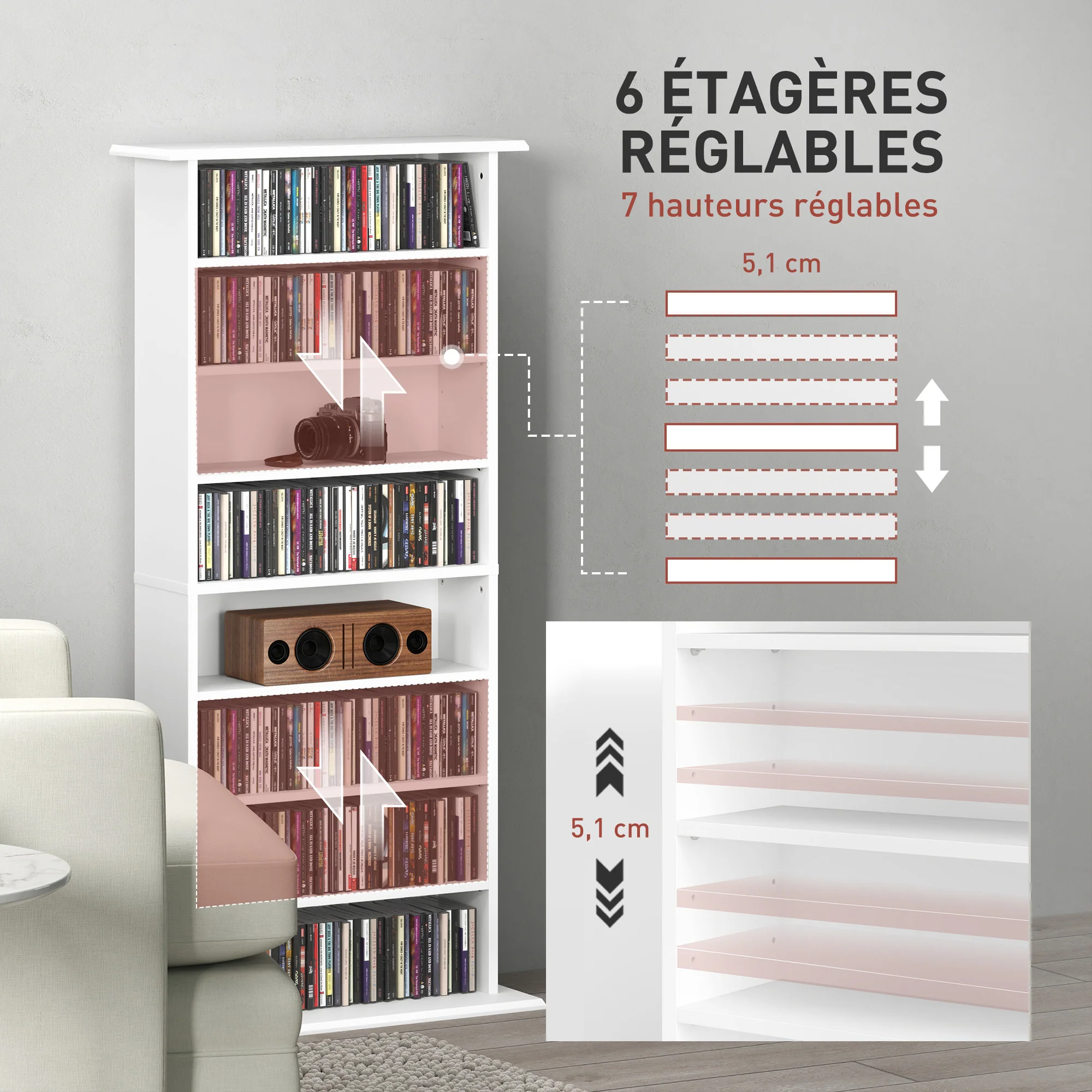 Rangements pour CD et DVD, meuble de rangement multimédia avec 8 compartiments et 6 étagères réglables, capacité max. 360 CD/185 DVD et Blu-ray, 58 x 24 x 126,5 cm, blanc - Image 6