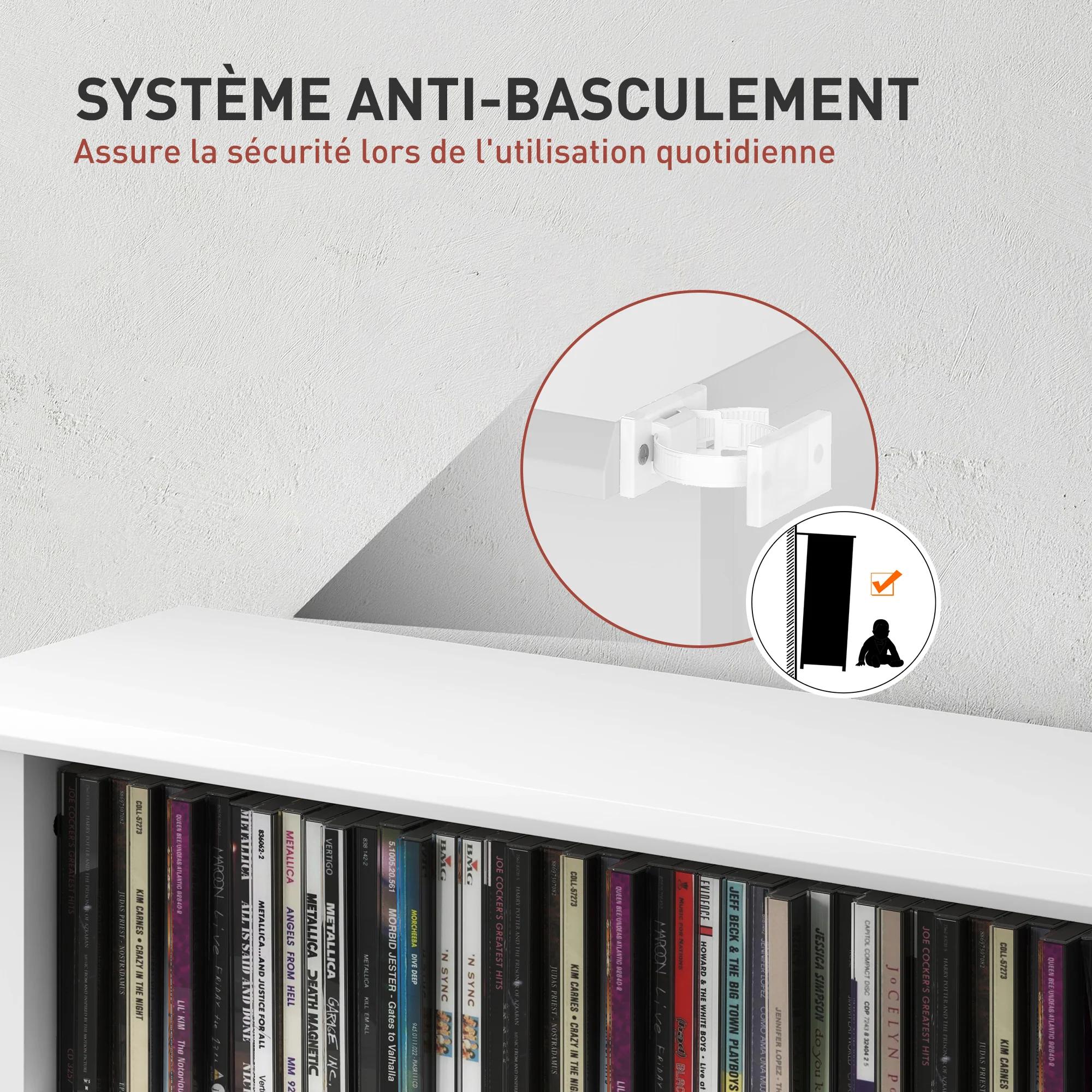 Rangements pour CD et DVD, meuble de rangement multimédia avec 8 compartiments et 6 étagères réglables, capacité max. 360 CD/185 DVD et Blu-ray, 58 x 24 x 126,5 cm, blanc - Image 7
