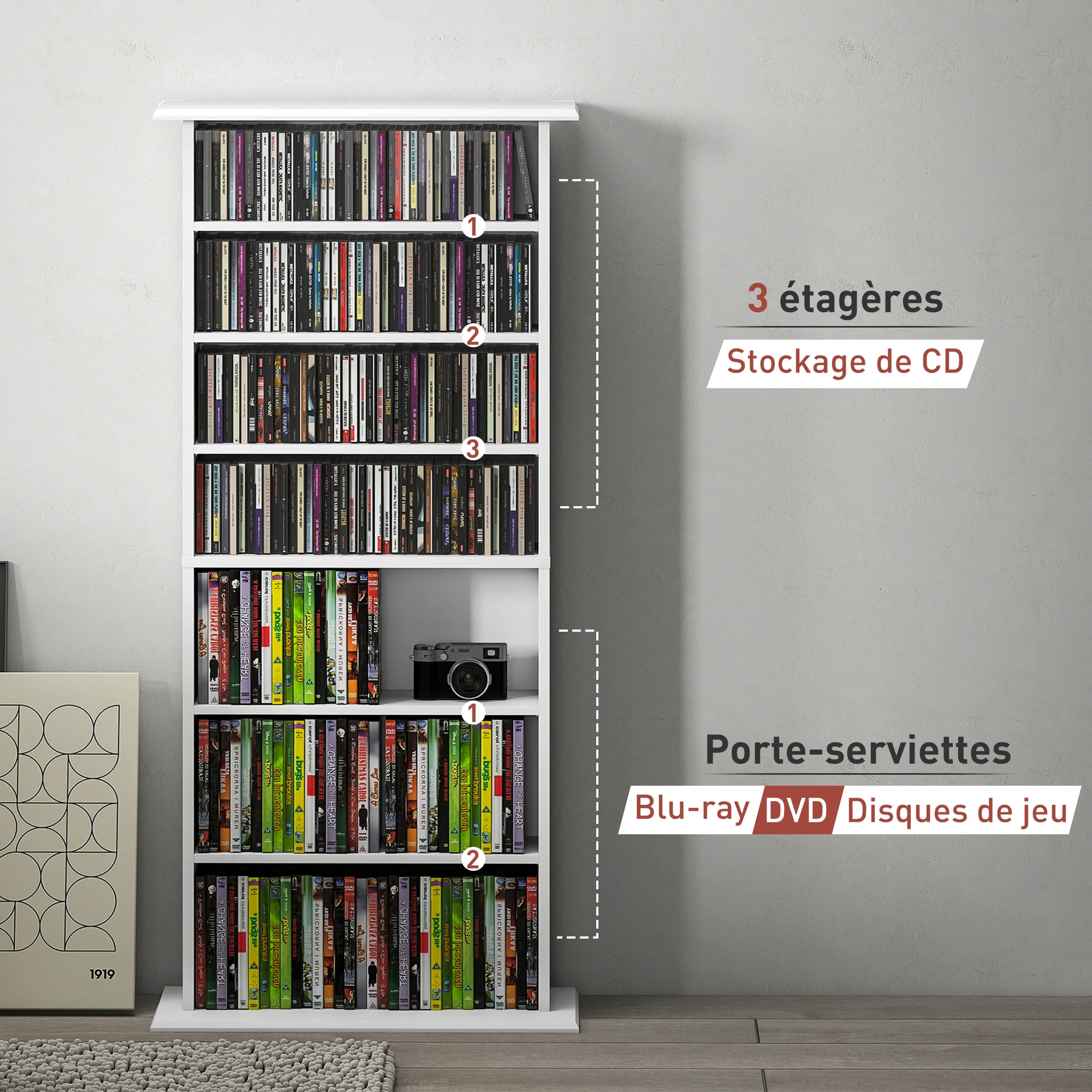 Rangements pour CD et DVD, meuble de rangement multimédia avec 8 compartiments et 6 étagères réglables, capacité max. 360 CD/185 DVD et Blu-ray, 58 x 24 x 126,5 cm, blanc - Image 9