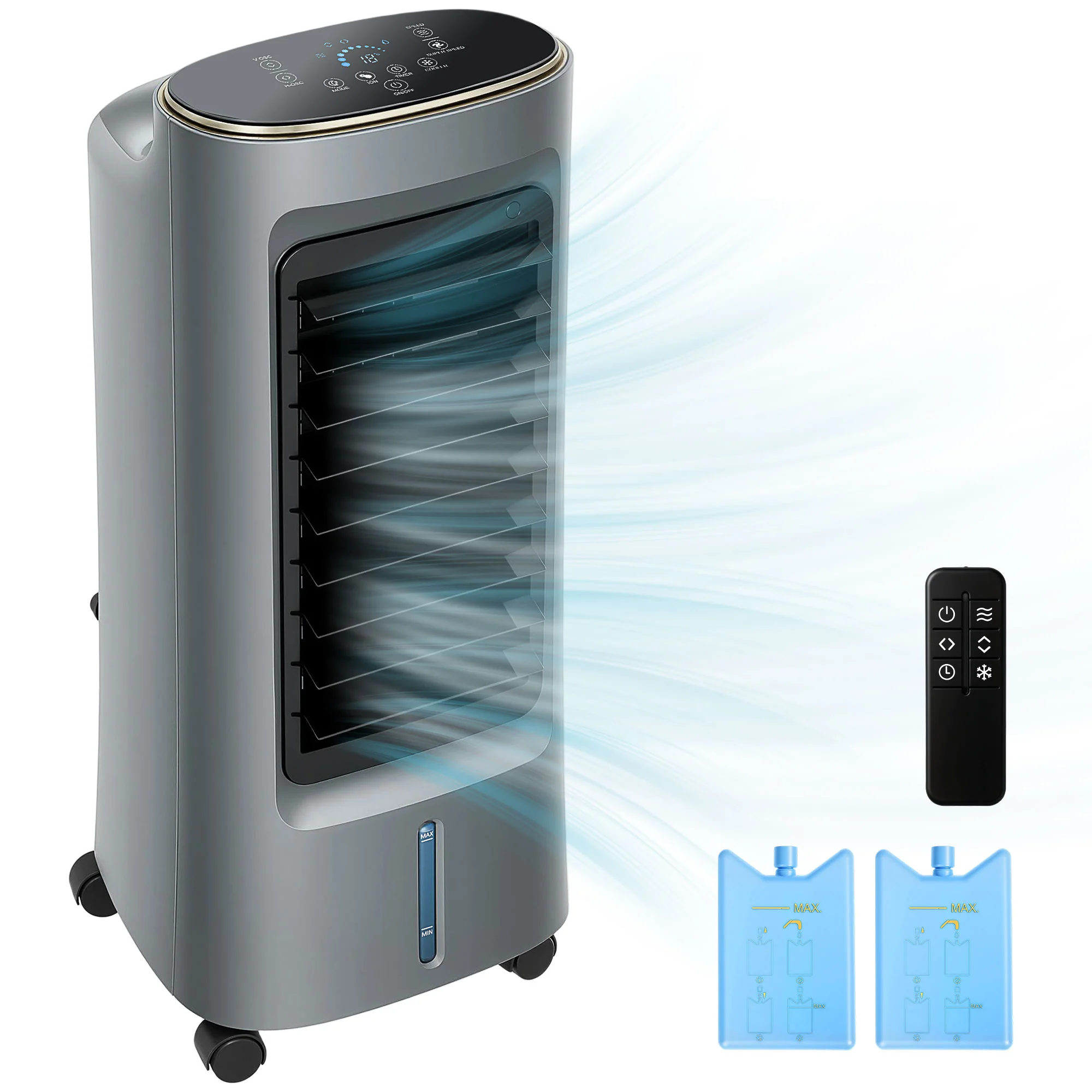 Refroidisseur d'air mobile 4 en 1 humidificateur, purificateur et ventilateur, oscillation 90°, 4 vitesses, 3 modes, réservoir d'eau 6L, packs de glace, télécommande, pour chambre bureau, gris - Image 2
