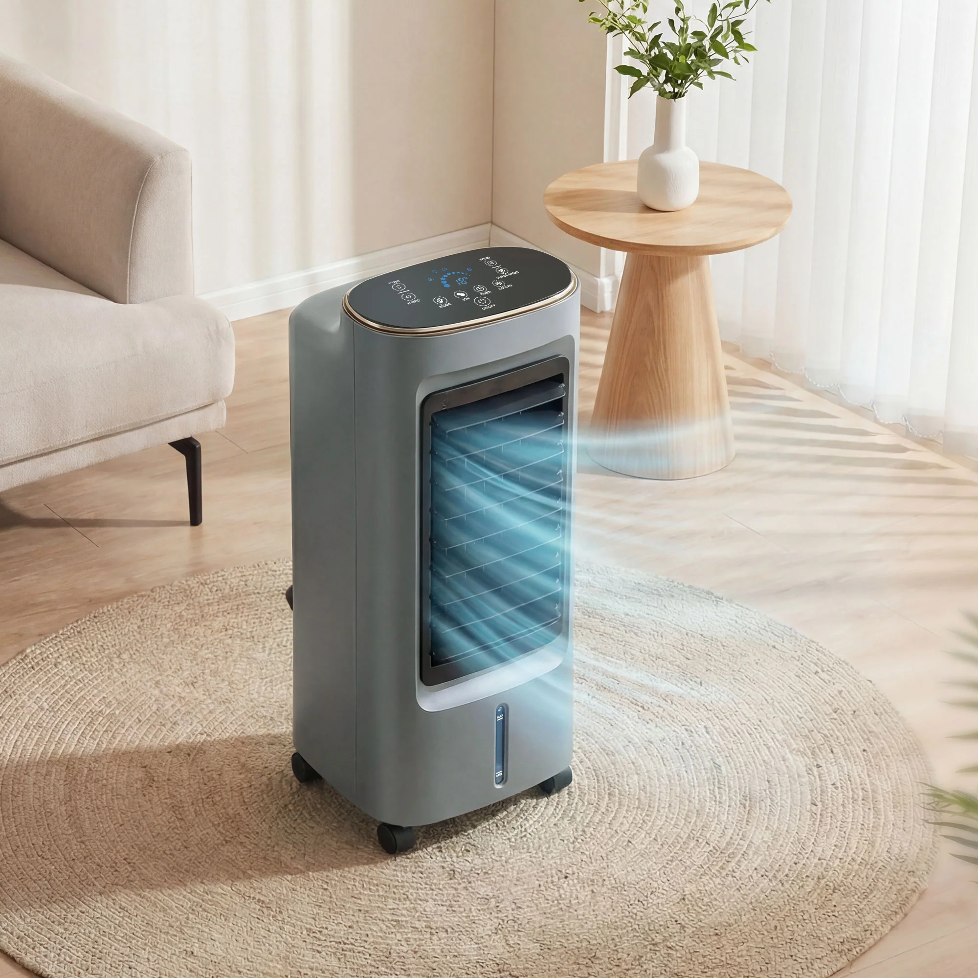 Refroidisseur d'air mobile 4 en 1 humidificateur, purificateur et ventilateur, oscillation 90°, 4 vitesses, 3 modes, réservoir d'eau 6L, packs de glace, télécommande, pour chambre bureau, gris - Image 3