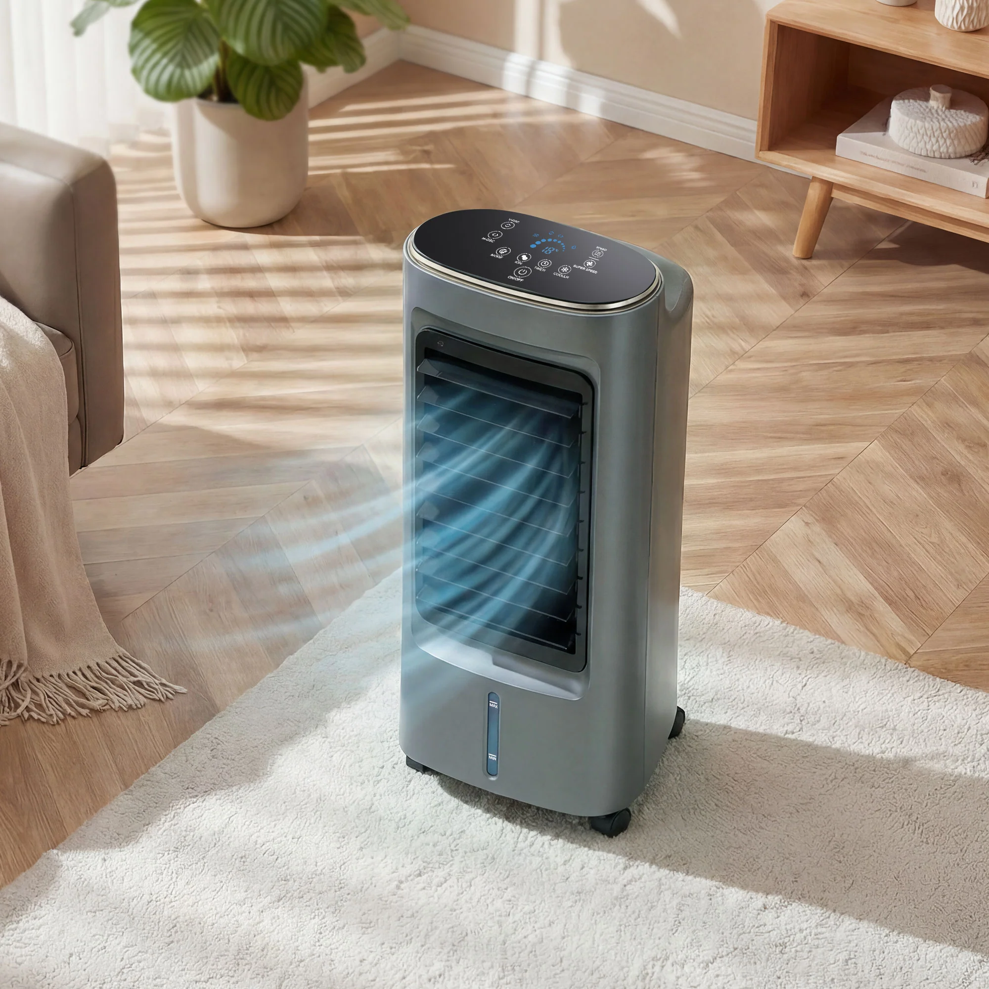 Refroidisseur d'air mobile 4 en 1 humidificateur, purificateur et ventilateur, oscillation 90°, 4 vitesses, 3 modes, réservoir d'eau 6L, packs de glace, télécommande, pour chambre bureau, gris - Image 7