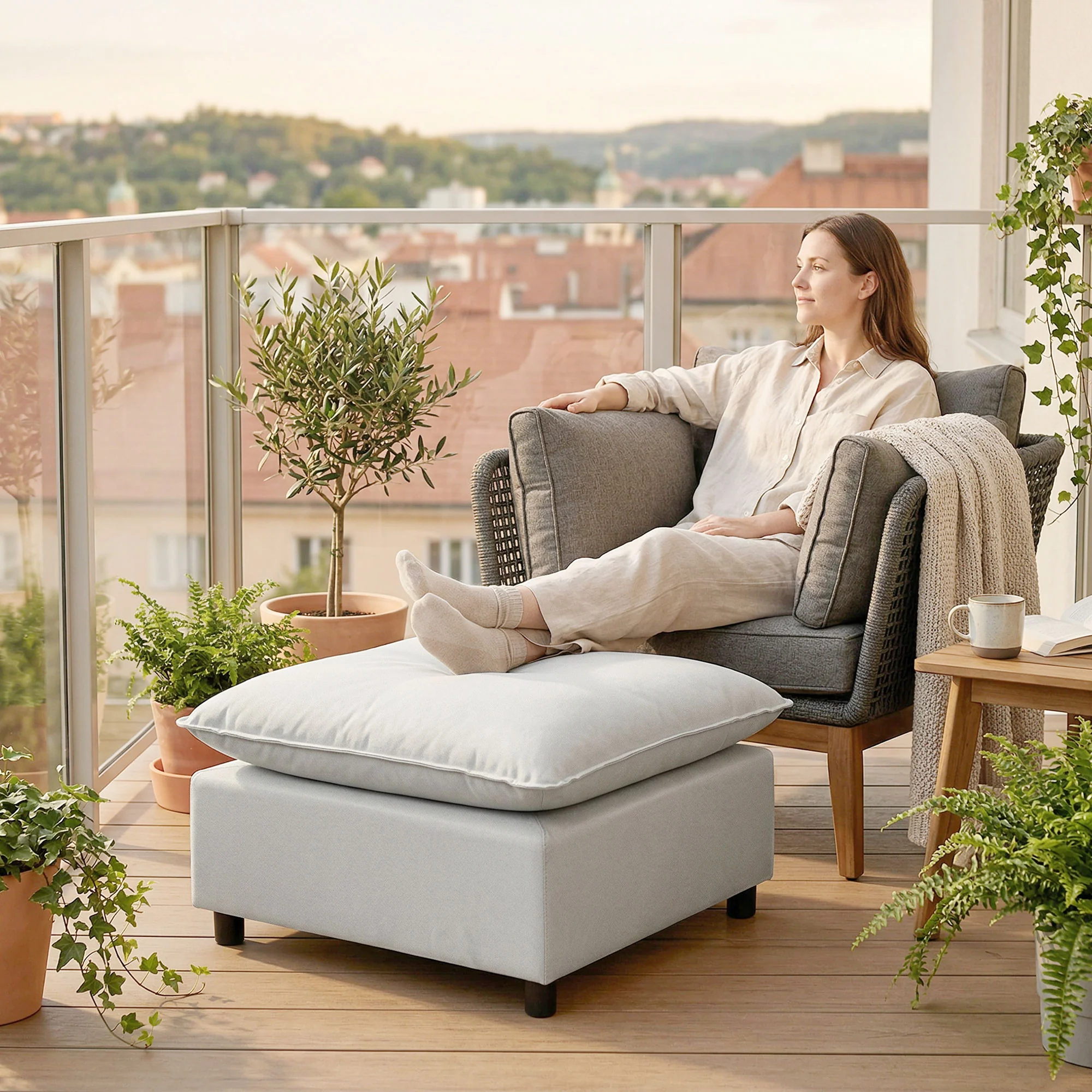 Repose pied salon carré, ottoman, siège rembourré avec pieds en plastique, pouf salon pour chambre à coucher, entrée, 75 x 75 x 40 cm, gris - Image 10
