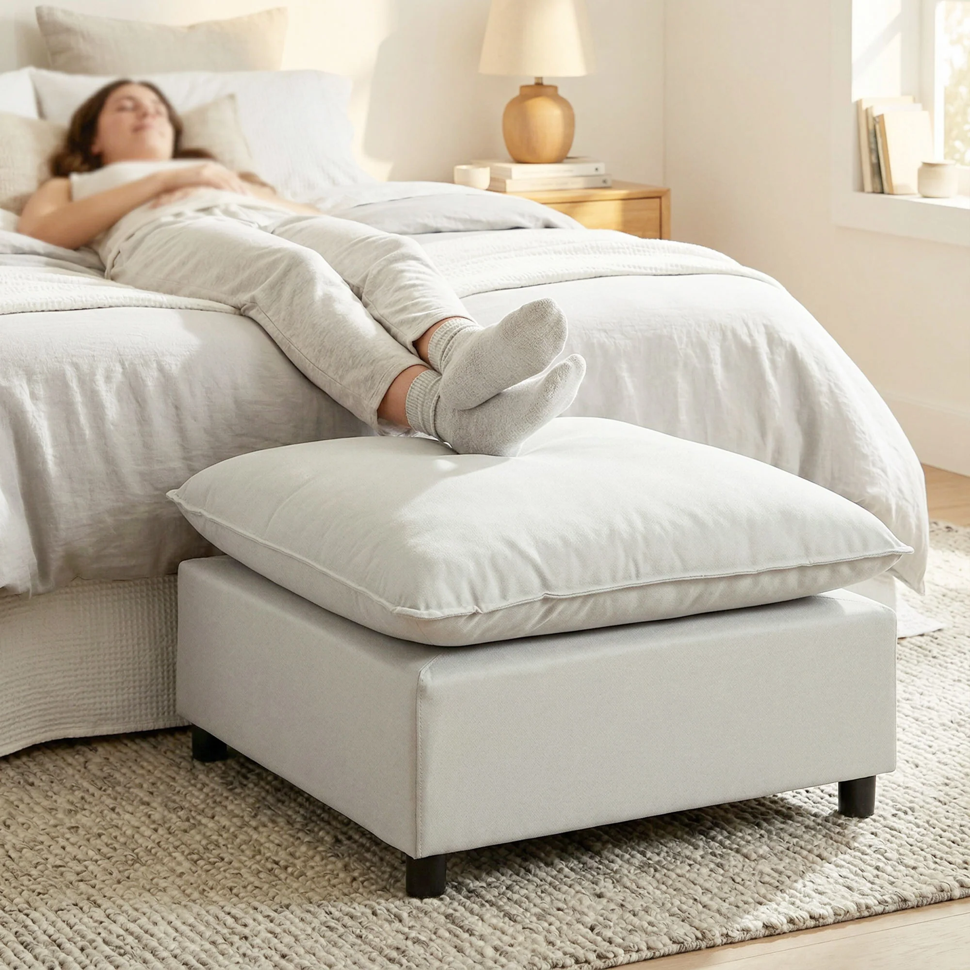 Repose pied salon carré, ottoman, siège rembourré avec pieds en plastique, pouf salon pour chambre à coucher, entrée, 75 x 75 x 40 cm, gris - Image 11