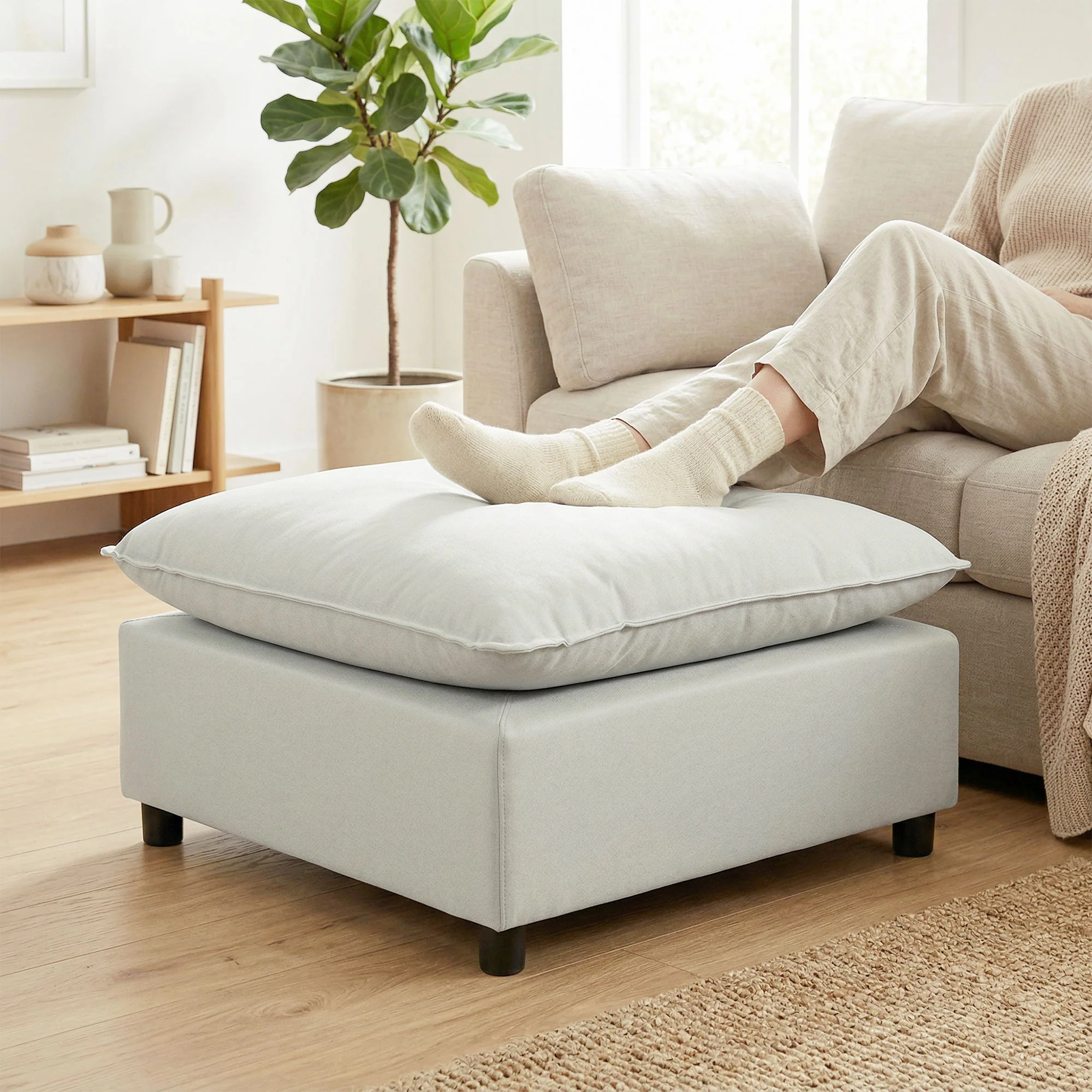 Repose pied salon carré, ottoman, siège rembourré avec pieds en plastique, pouf salon pour chambre à coucher, entrée, 75 x 75 x 40 cm, gris - Image 3