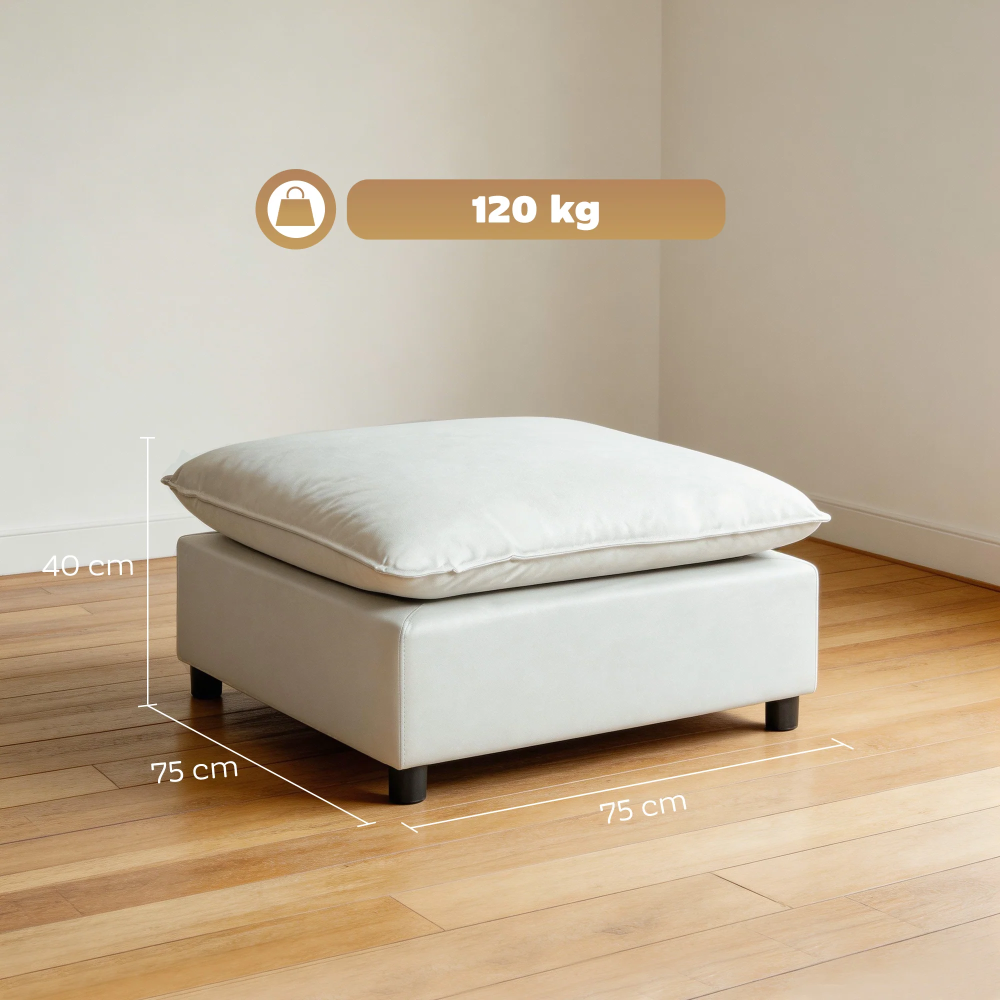 Repose pied salon carré, ottoman, siège rembourré avec pieds en plastique, pouf salon pour chambre à coucher, entrée, 75 x 75 x 40 cm, gris - Image 4