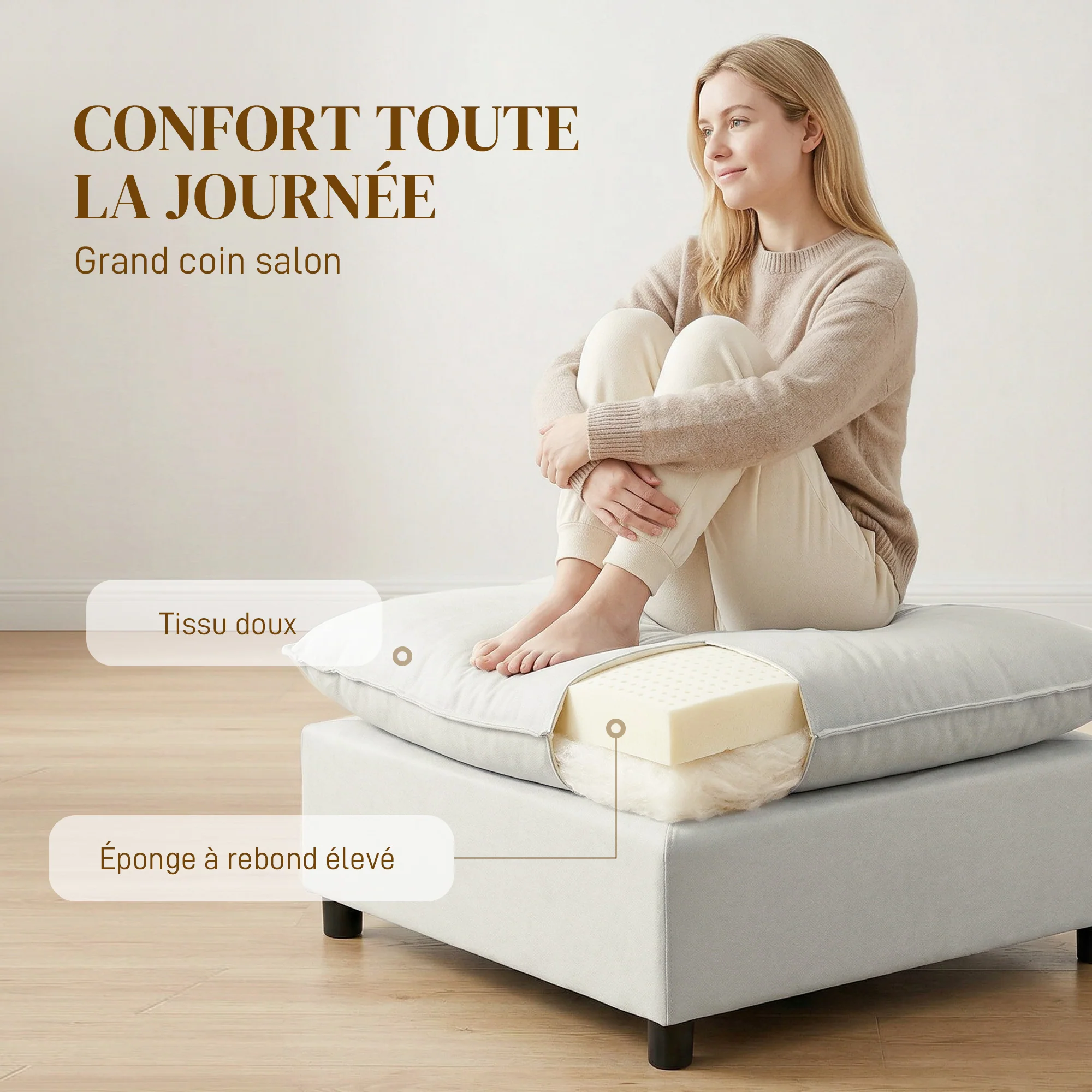 Repose pied salon carré, ottoman, siège rembourré avec pieds en plastique, pouf salon pour chambre à coucher, entrée, 75 x 75 x 40 cm, gris - Image 5