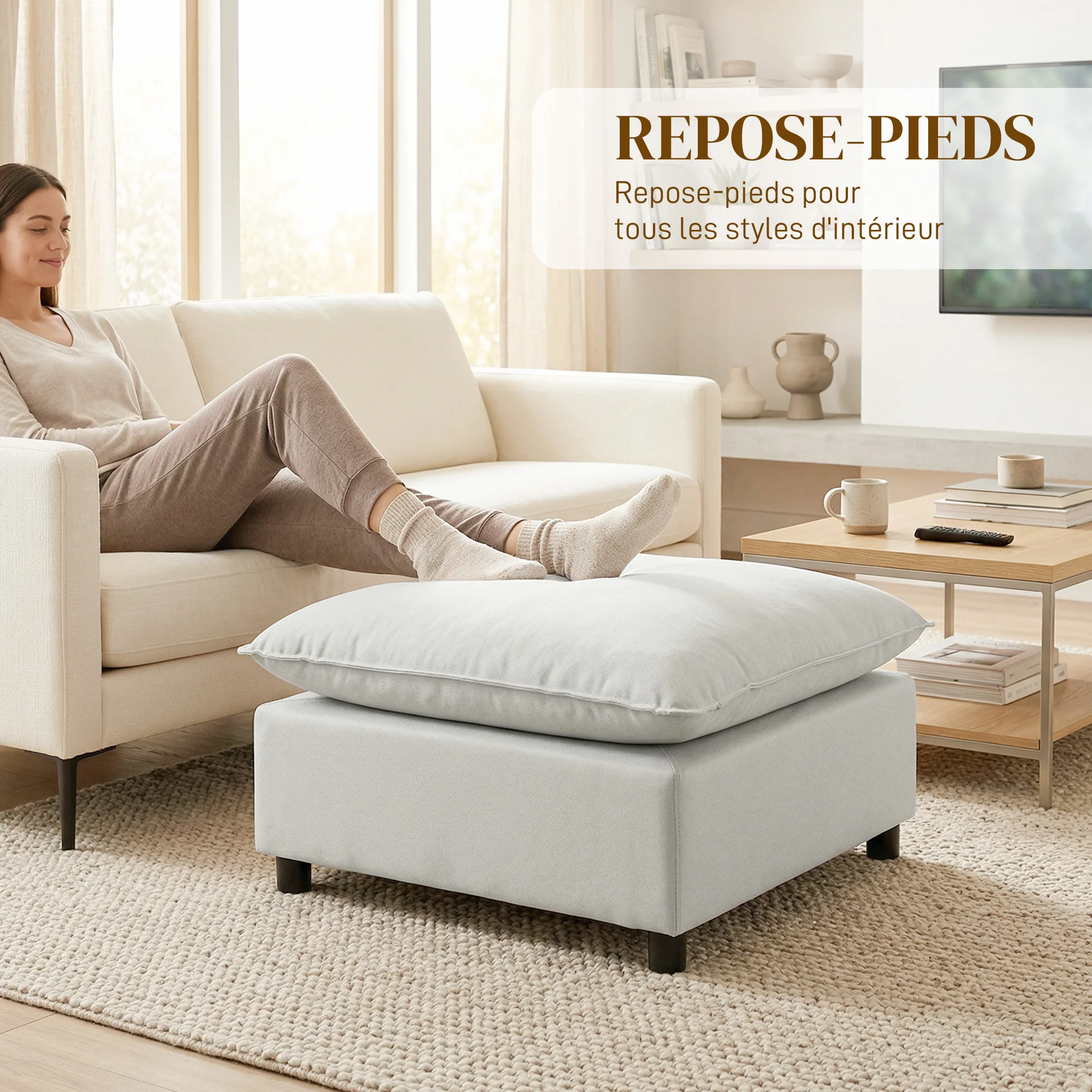 Repose pied salon carré, ottoman, siège rembourré avec pieds en plastique, pouf salon pour chambre à coucher, entrée, 75 x 75 x 40 cm, gris - Image 7