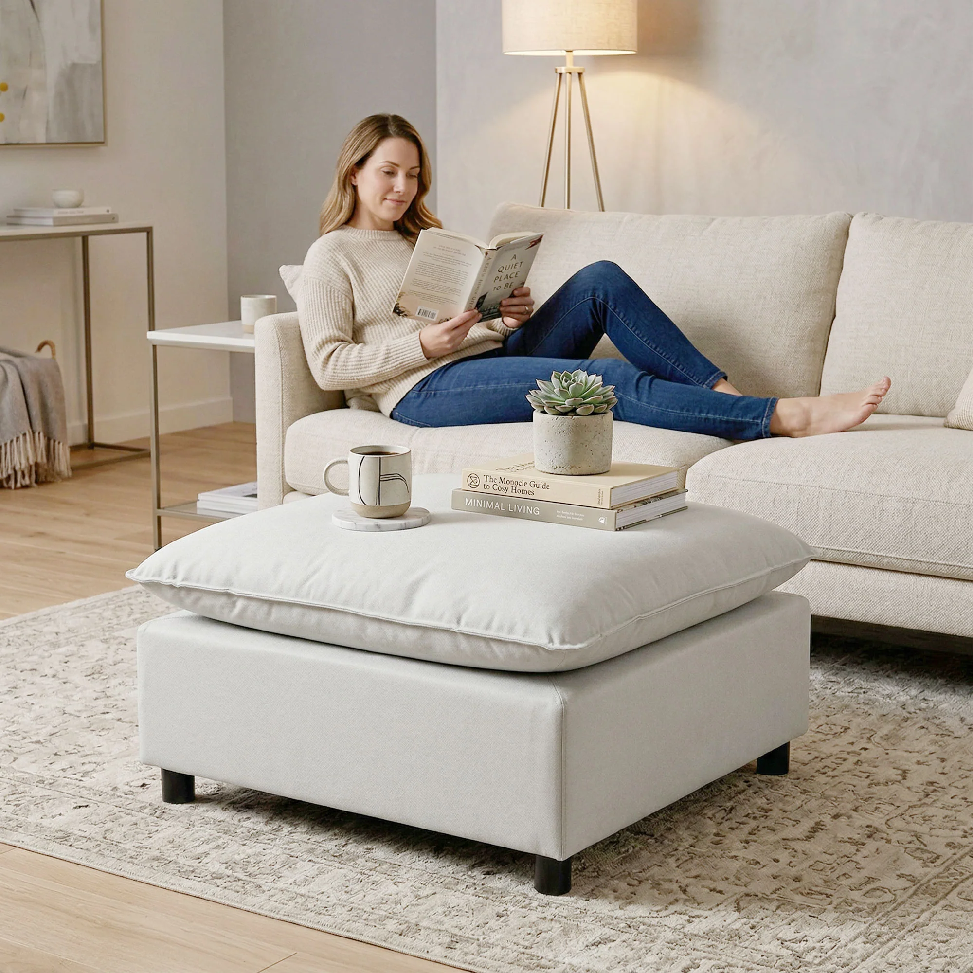 Repose pied salon carré, ottoman, siège rembourré avec pieds en plastique, pouf salon pour chambre à coucher, entrée, 75 x 75 x 40 cm, gris - Image 9