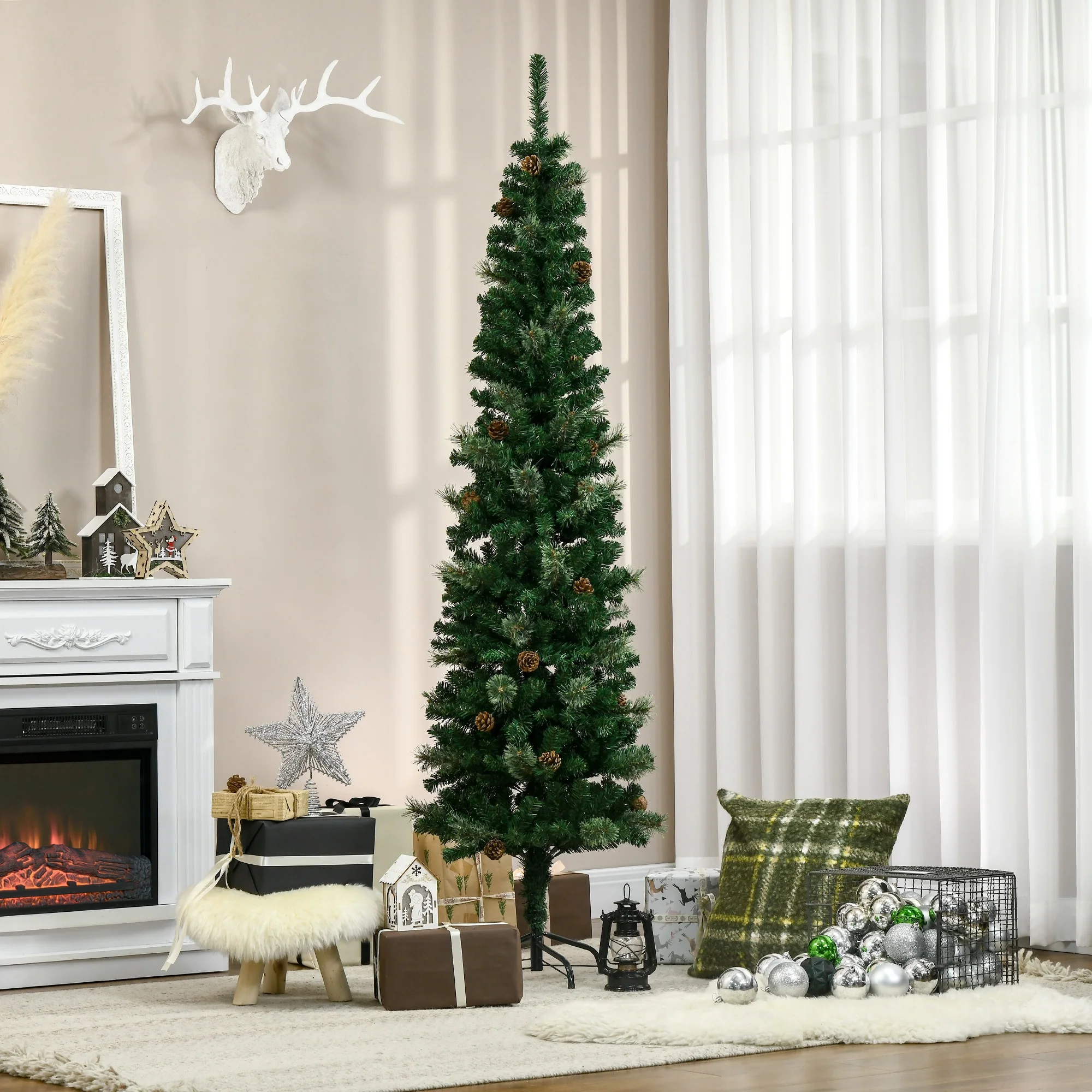 Sapin arbre de Noël artificiel 195 cm 556 branches avec 27 pommes de pin+ support pied pliable vert - Image 10
