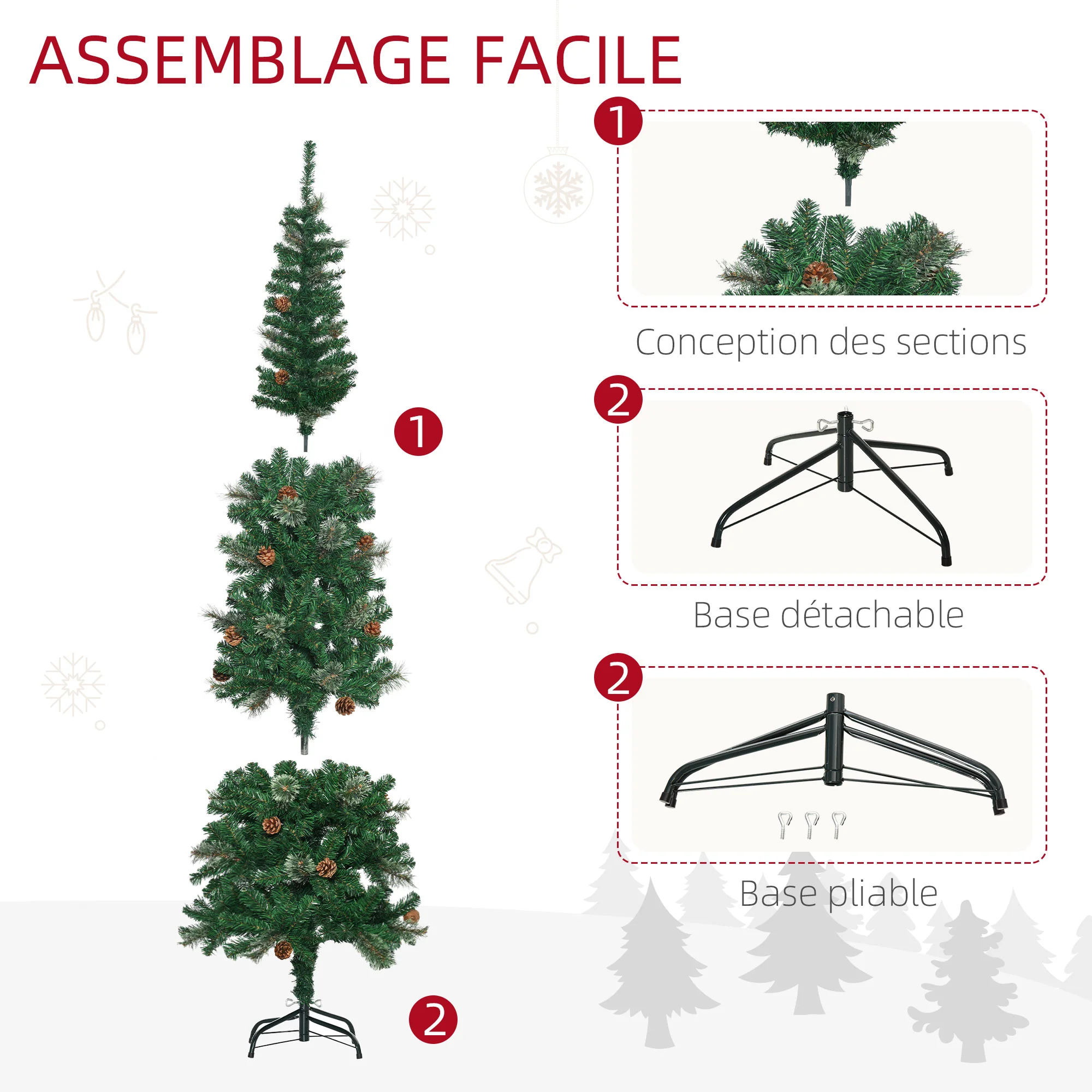 Sapin arbre de Noël artificiel 195 cm 556 branches avec 27 pommes de pin+ support pied pliable vert - Image 9