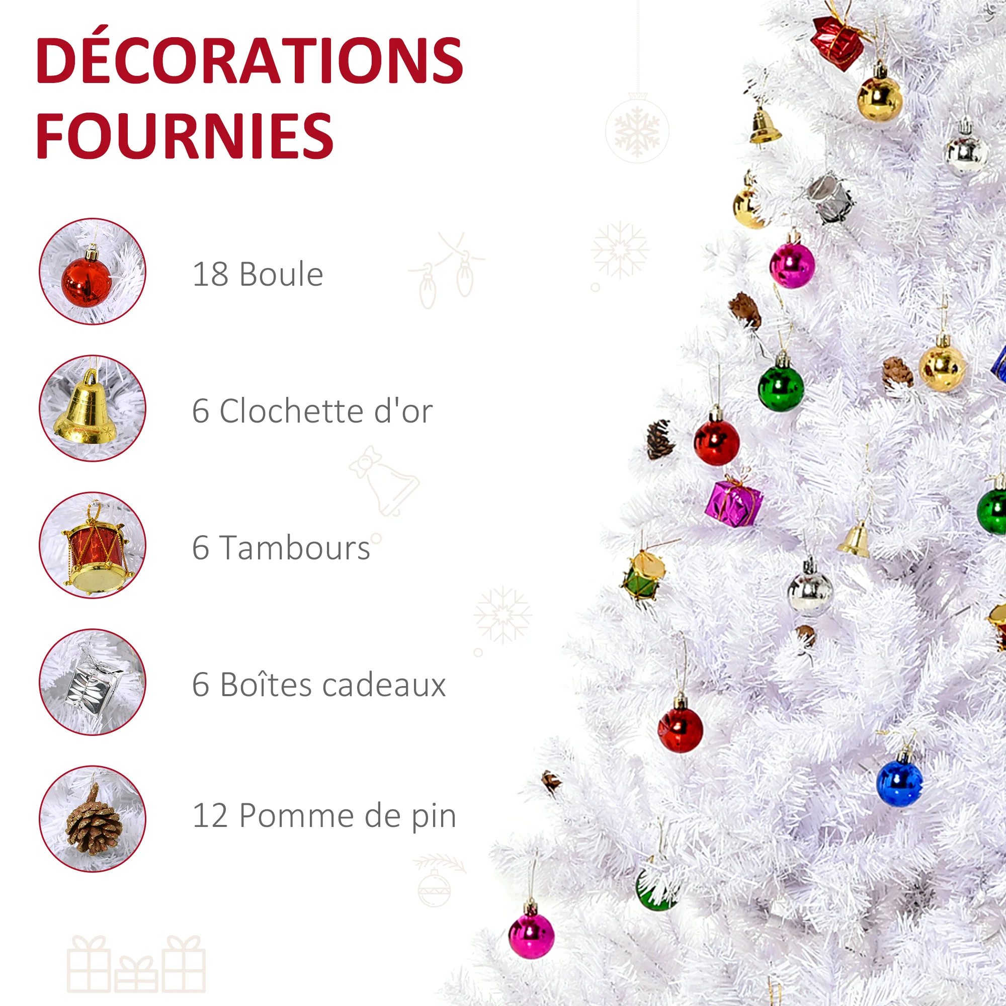 Sapin Arbre de No?l Artificiel Blanc 150 cm 680 Branches avec Nombreux Accessoires variés - Image 5