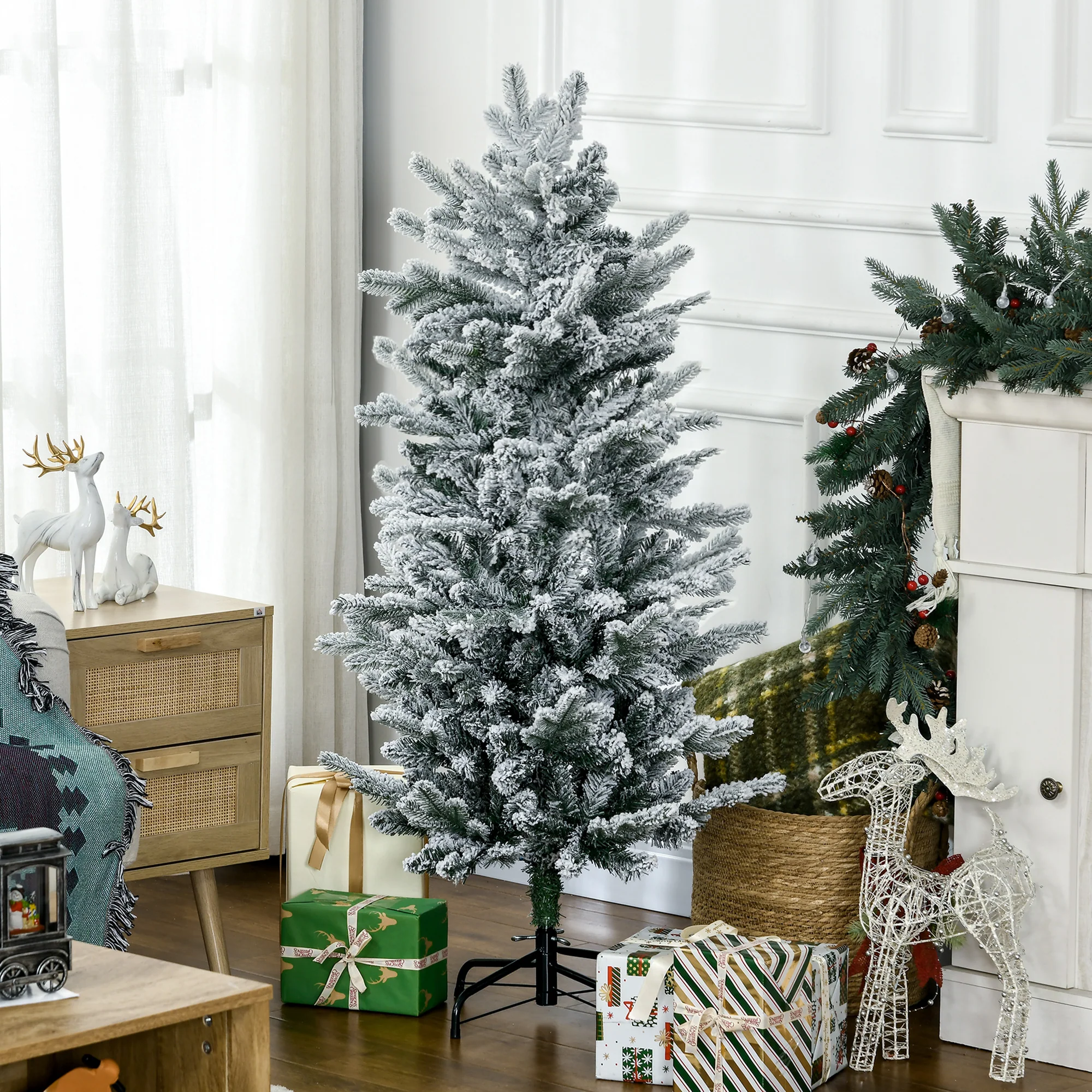 Sapin de Noël artificiel 135 cm, pin naturel enneigé, 267 branches de neige, ouverture automatique, base en acier, vert - Image 3