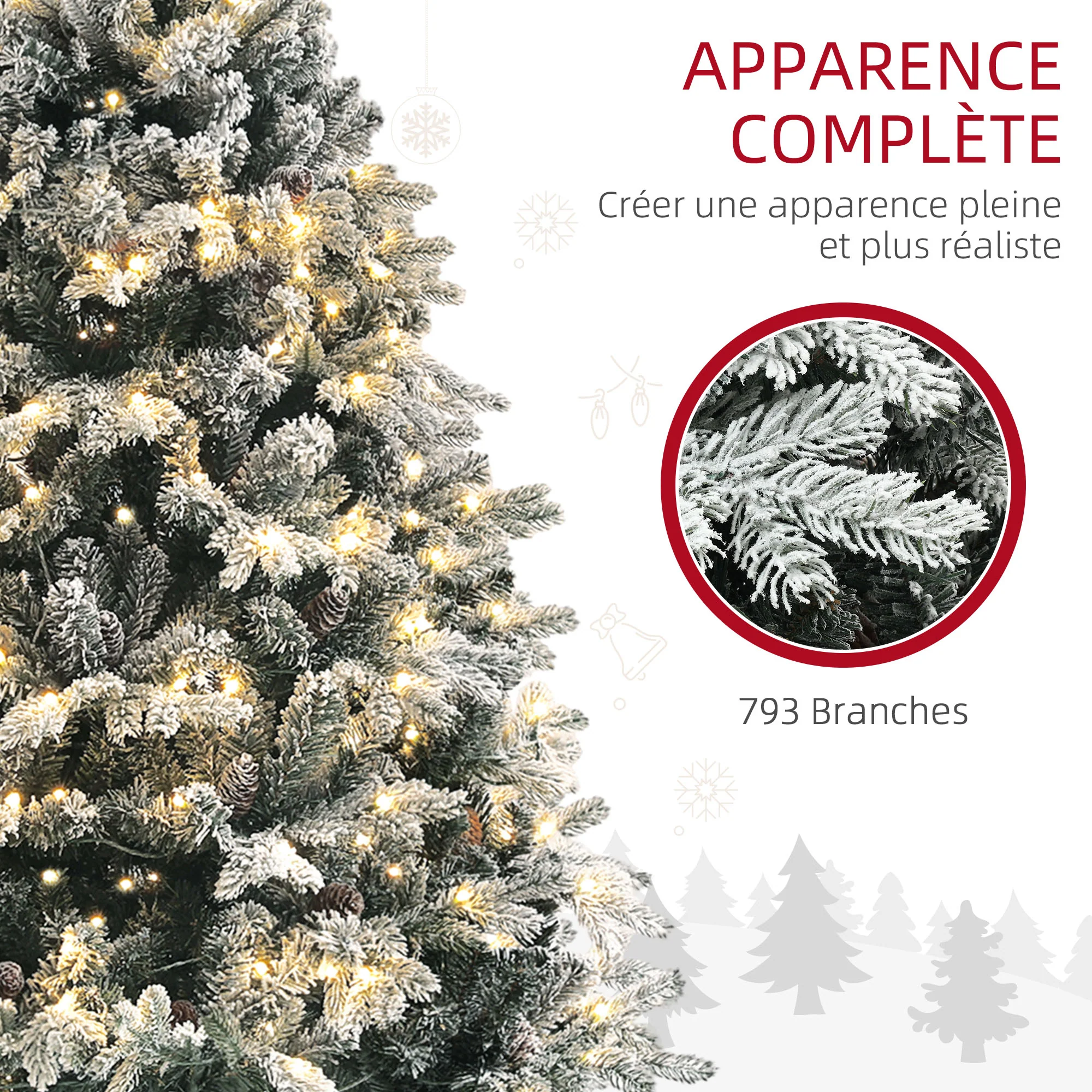 Sapin de No?l artificiel 180 cm arbre de No?l lumineux floqué enneigé avec support en acier pliable, 200 LEDs blanc chaud, 793 branches, décoration de No?l effet réaliste - vert - Image 6