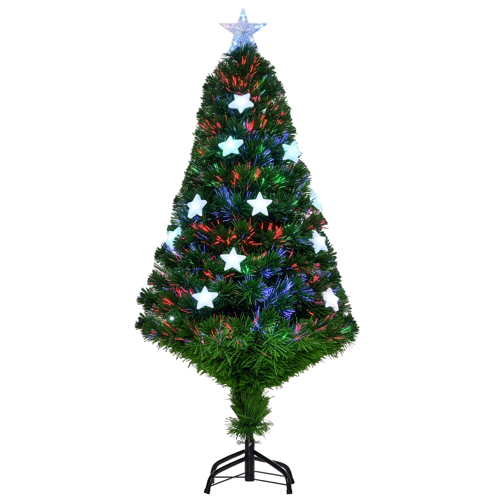 Sapin de Noël artificiel lumineux 120 cm 16 lumières LED fibres optiques lumineux multicolores 130 branches PVC étoile sommet brillante vert - Image 11