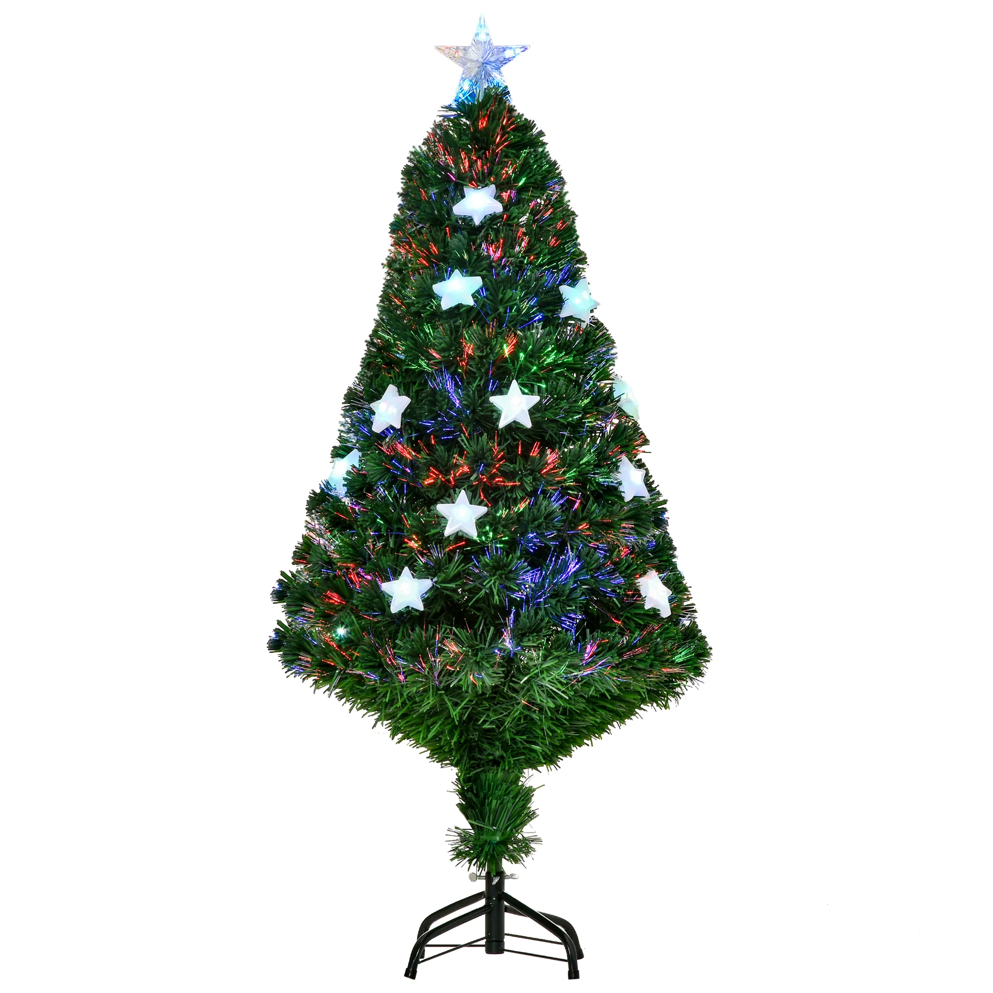 Sapin de Noël artificiel lumineux 120 cm 16 lumières LED fibres optiques lumineux multicolores 130 branches PVC étoile sommet brillante vert - Image 2