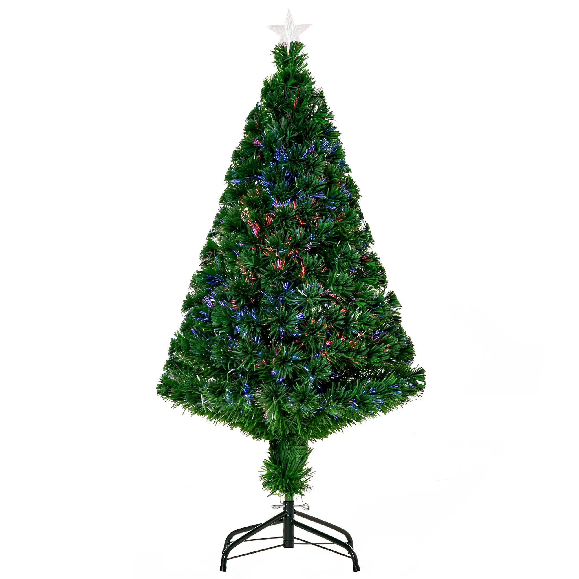 Sapin de Noël Artificiel Lumineux 120H cm Fibre Optique Multicolore + Support Pied 130 Branches étoile Sommet Brillante Vert - Image 2