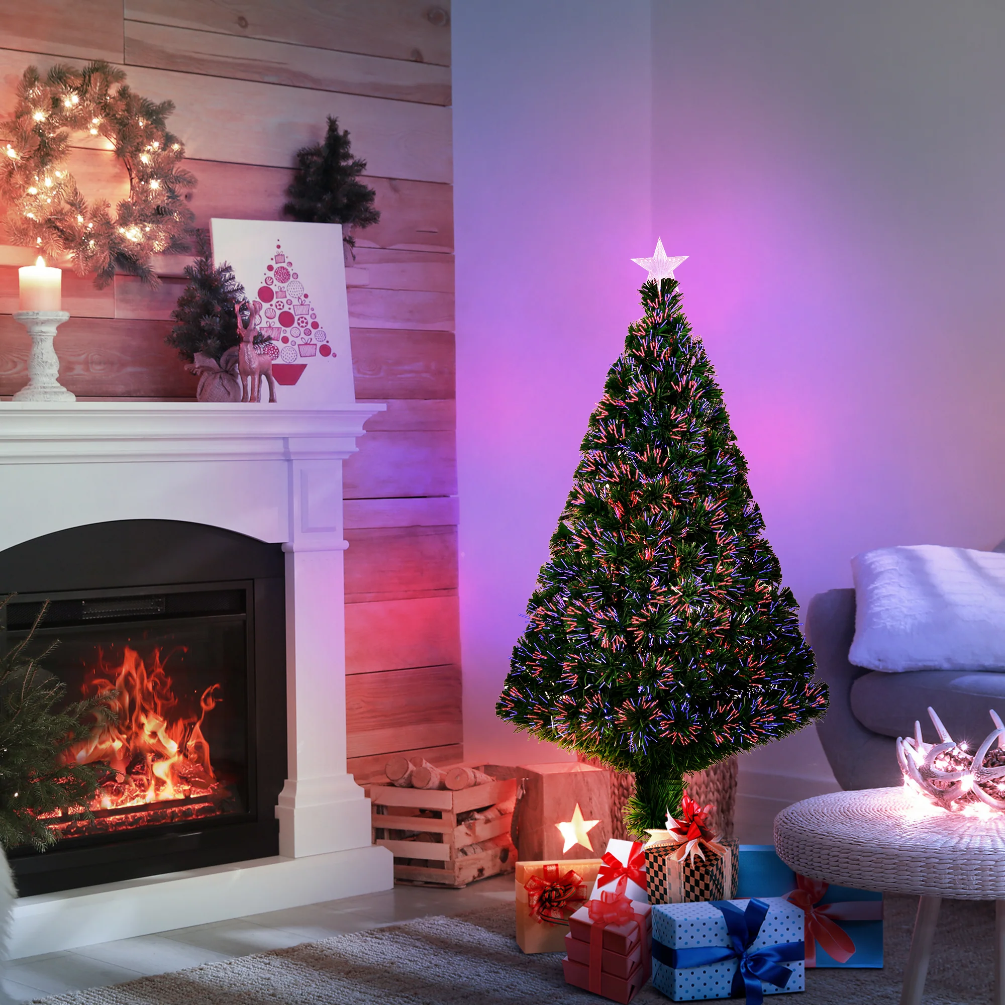 Sapin de Noël Artificiel Lumineux 120H cm Fibre Optique Multicolore + Support Pied 130 Branches étoile Sommet Brillante Vert - Image 3