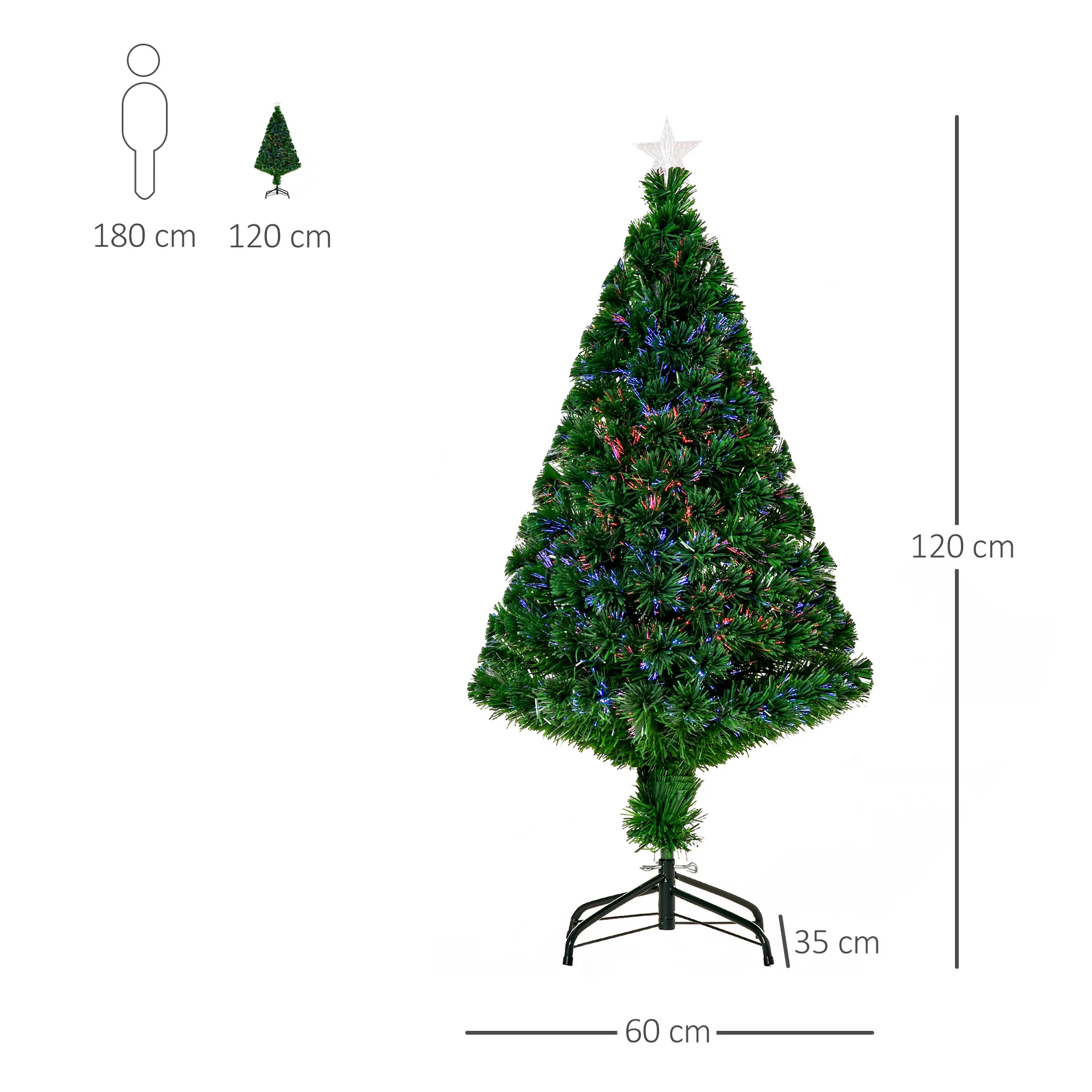Sapin de Noël Artificiel Lumineux 120H cm Fibre Optique Multicolore + Support Pied 130 Branches étoile Sommet Brillante Vert - Image 4