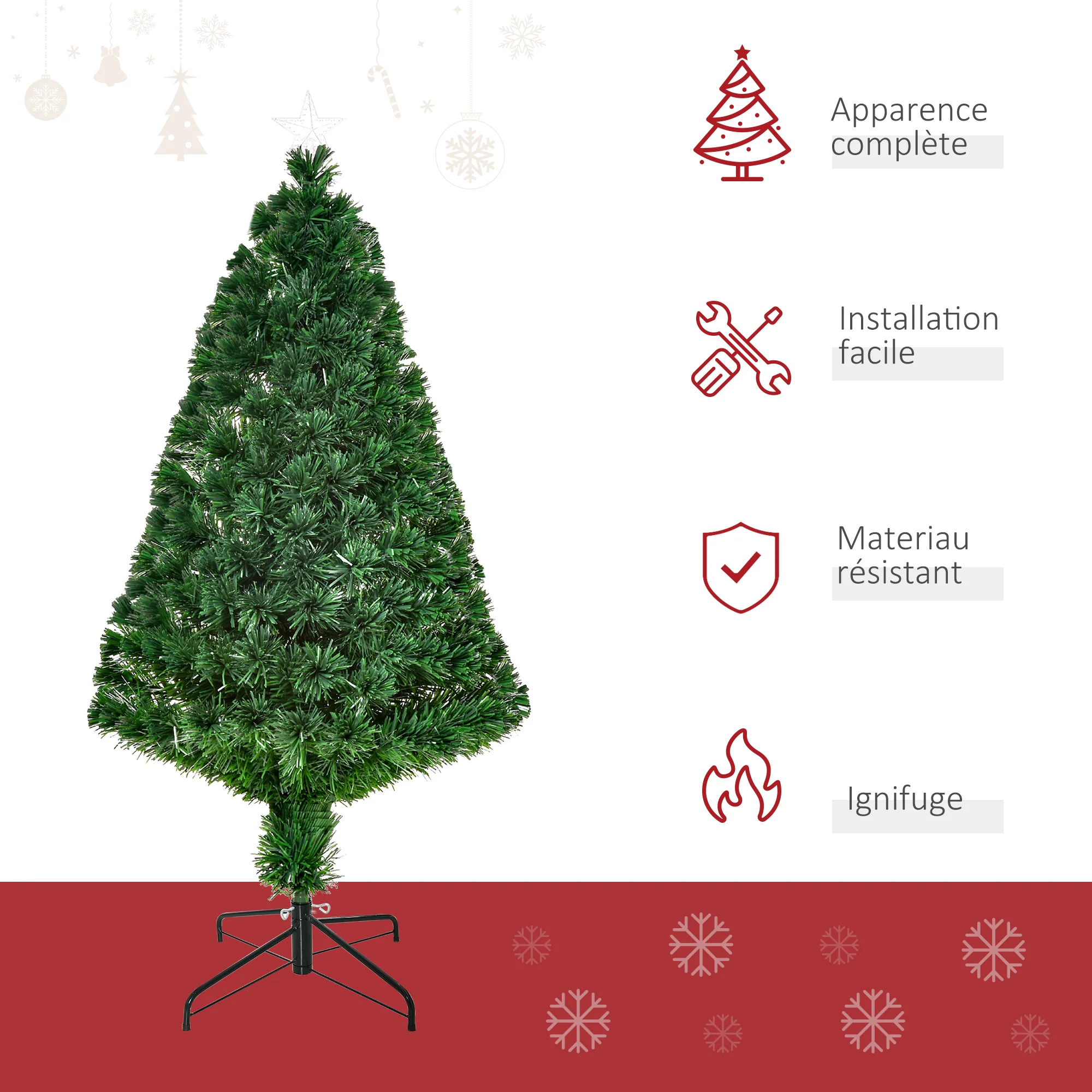 Sapin de Noël Artificiel Lumineux 120H cm Fibre Optique Multicolore + Support Pied 130 Branches étoile Sommet Brillante Vert - Image 5
