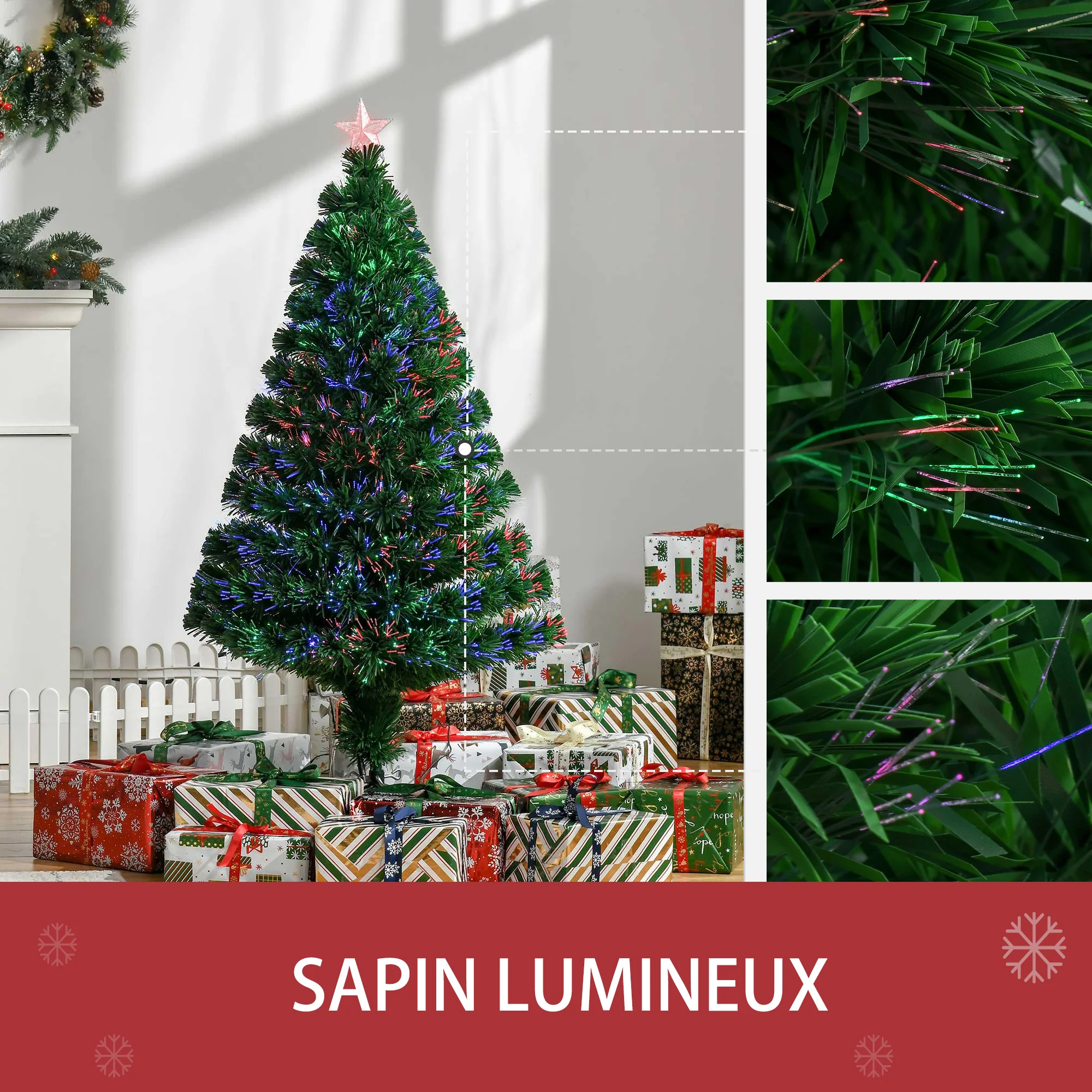 Sapin de Noël Artificiel Lumineux 120H cm Fibre Optique Multicolore + Support Pied 130 Branches étoile Sommet Brillante Vert - Image 6