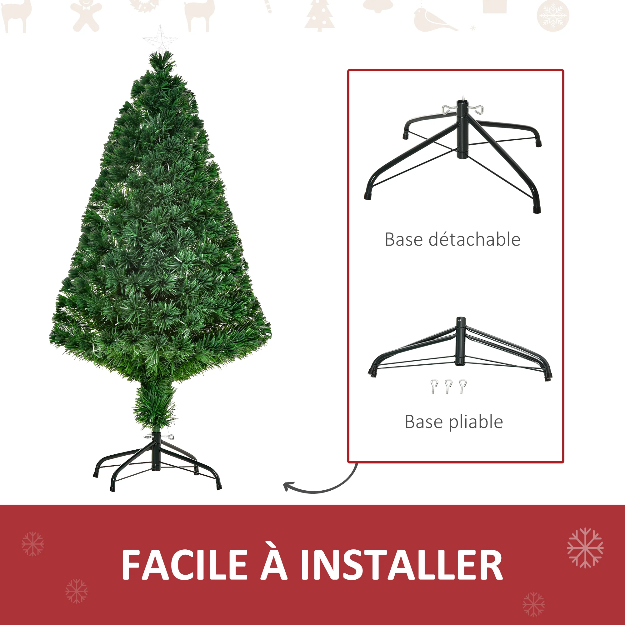 Sapin de Noël Artificiel Lumineux 120H cm Fibre Optique Multicolore + Support Pied 130 Branches étoile Sommet Brillante Vert - Image 8