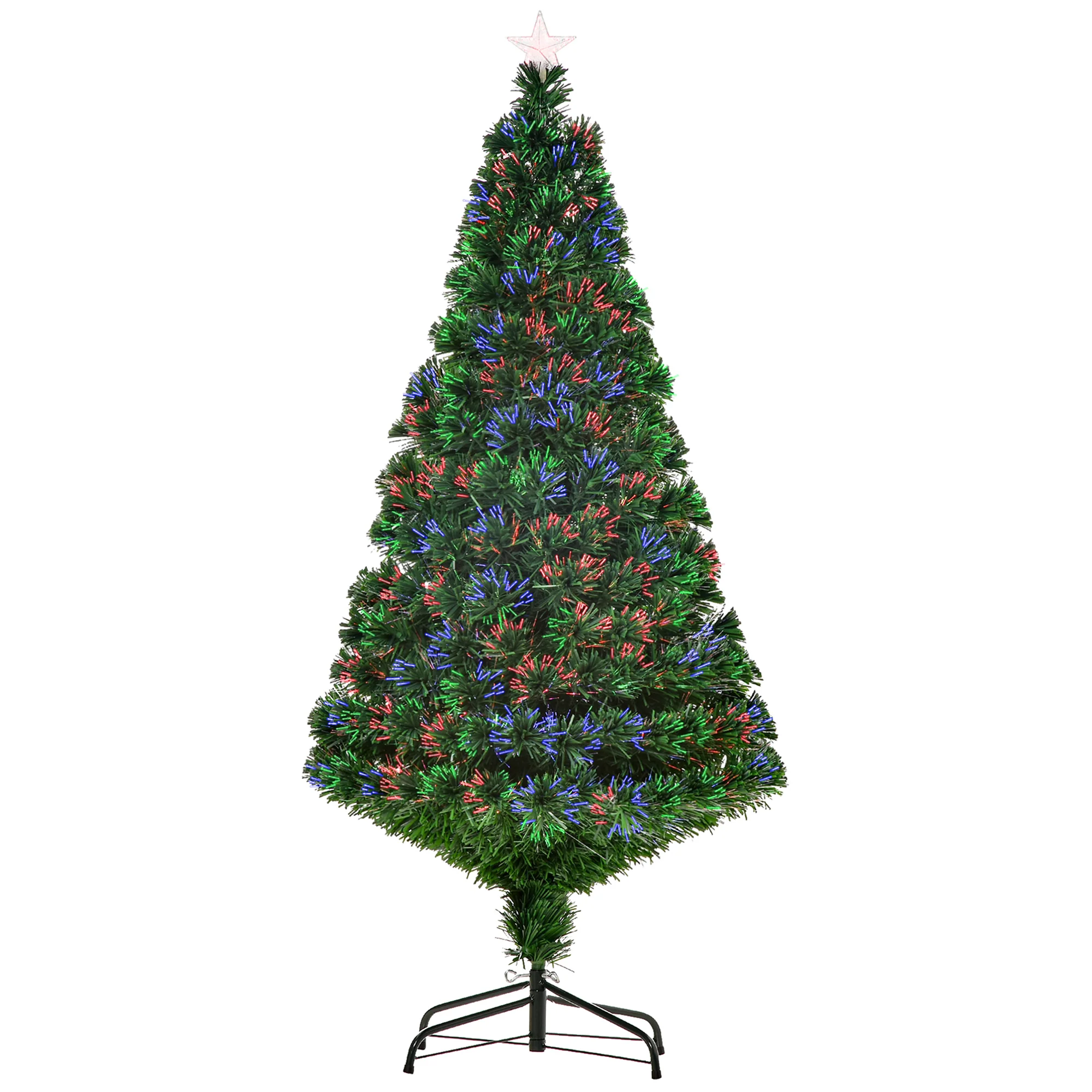 Sapin de No?l Artificiel Lumineux 150H cm Fibre Optique Multicolore + Support Pied 180 Branches étoile Sommet Brillante Vert