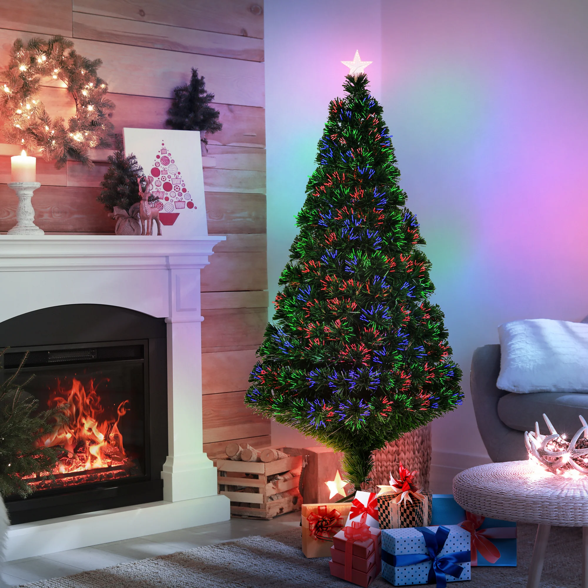 Sapin de No?l Artificiel Lumineux 150H cm Fibre Optique Multicolore + Support Pied 180 Branches étoile Sommet Brillante Vert - Image 3