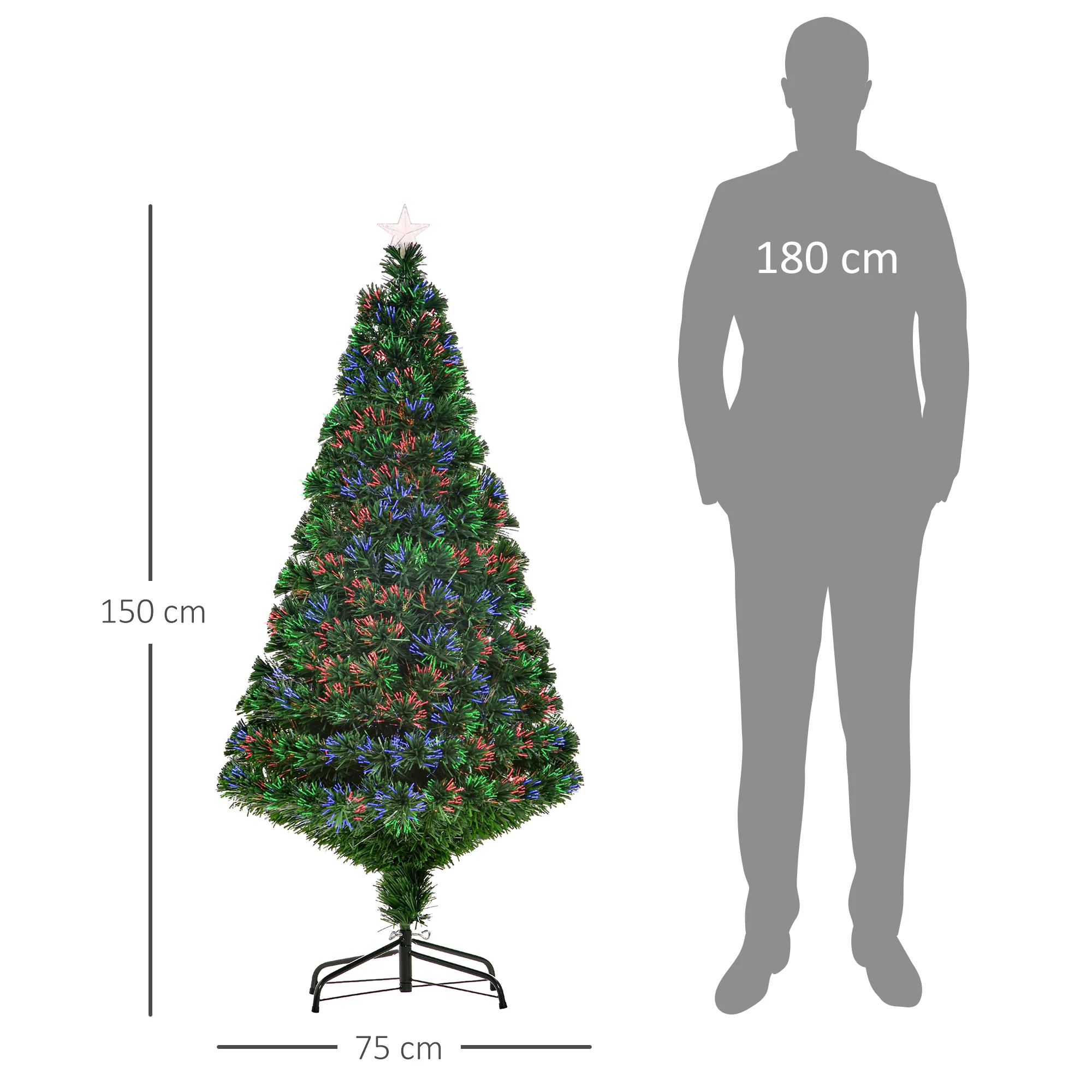 Sapin de No?l Artificiel Lumineux 150H cm Fibre Optique Multicolore + Support Pied 180 Branches étoile Sommet Brillante Vert - Image 4