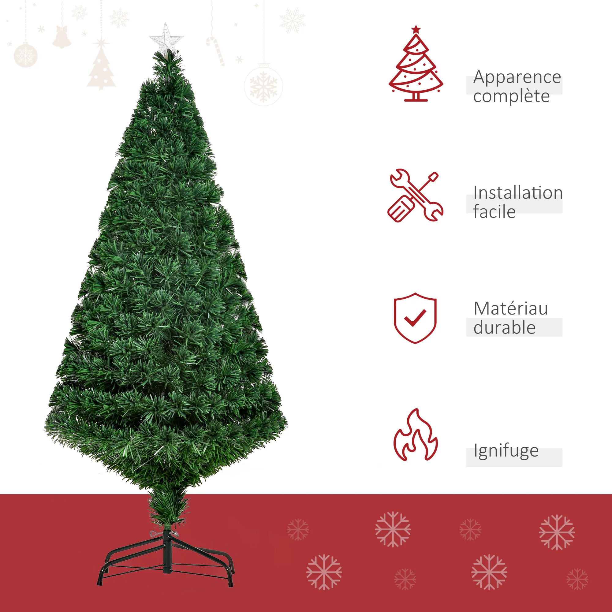 Sapin de No?l Artificiel Lumineux 150H cm Fibre Optique Multicolore + Support Pied 180 Branches étoile Sommet Brillante Vert - Image 5