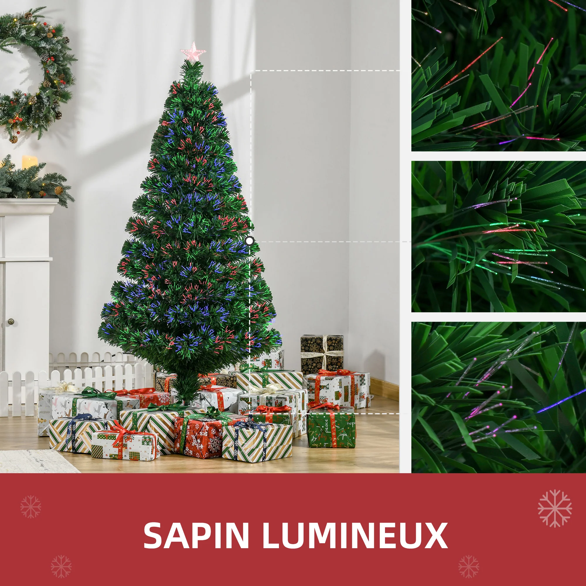 Sapin de No?l Artificiel Lumineux 150H cm Fibre Optique Multicolore + Support Pied 180 Branches étoile Sommet Brillante Vert - Image 6