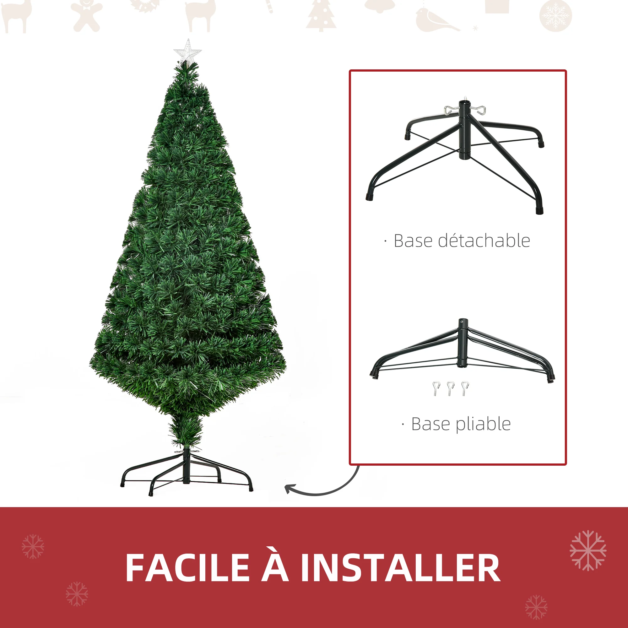 Sapin de No?l Artificiel Lumineux 150H cm Fibre Optique Multicolore + Support Pied 180 Branches étoile Sommet Brillante Vert - Image 7