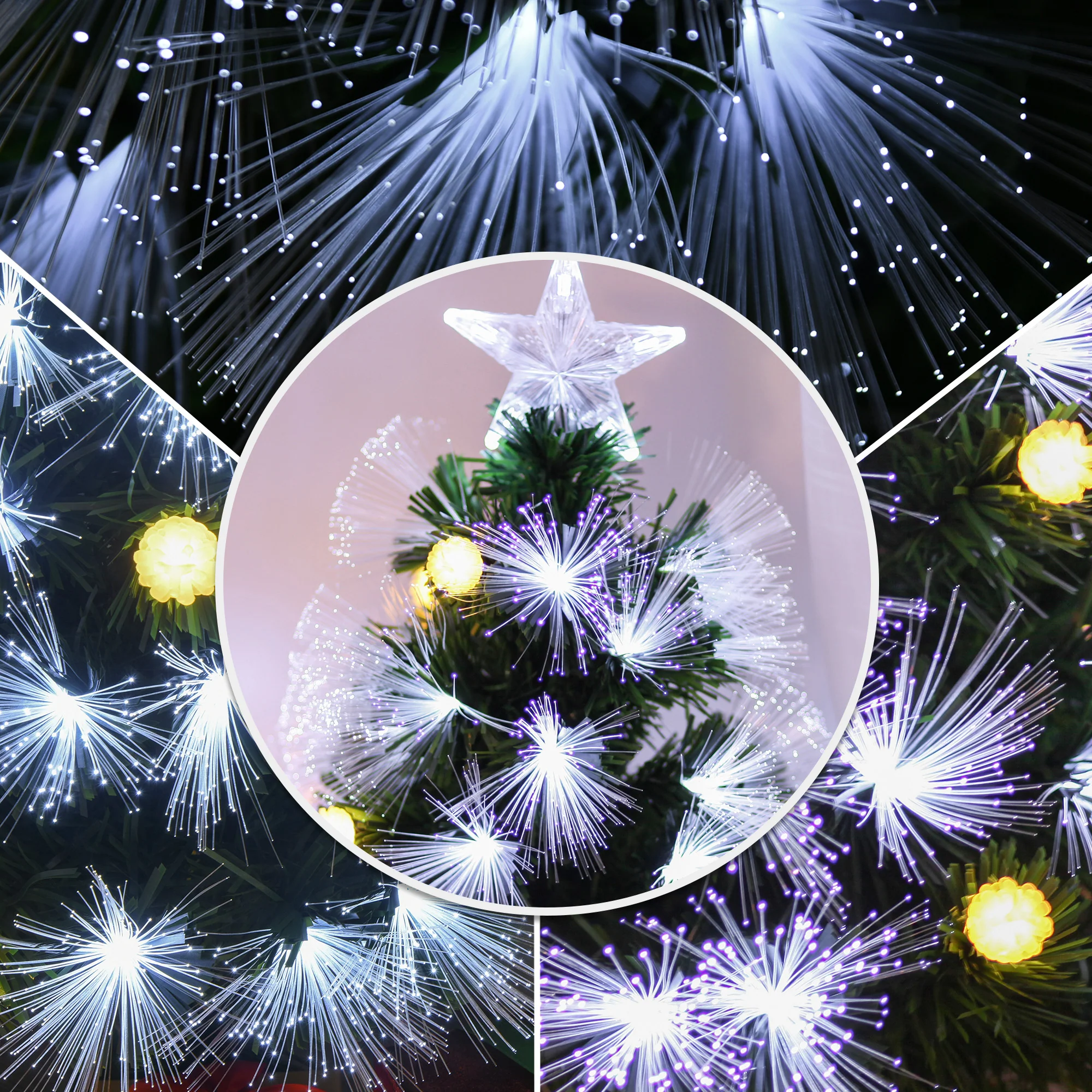 Sapin de No?l Artificiel Lumineux 90H cm Fibre Optique LED + 14 Ampoules + Support Pied 90 Branches étoile Sommet Brillante Vert - Image 10