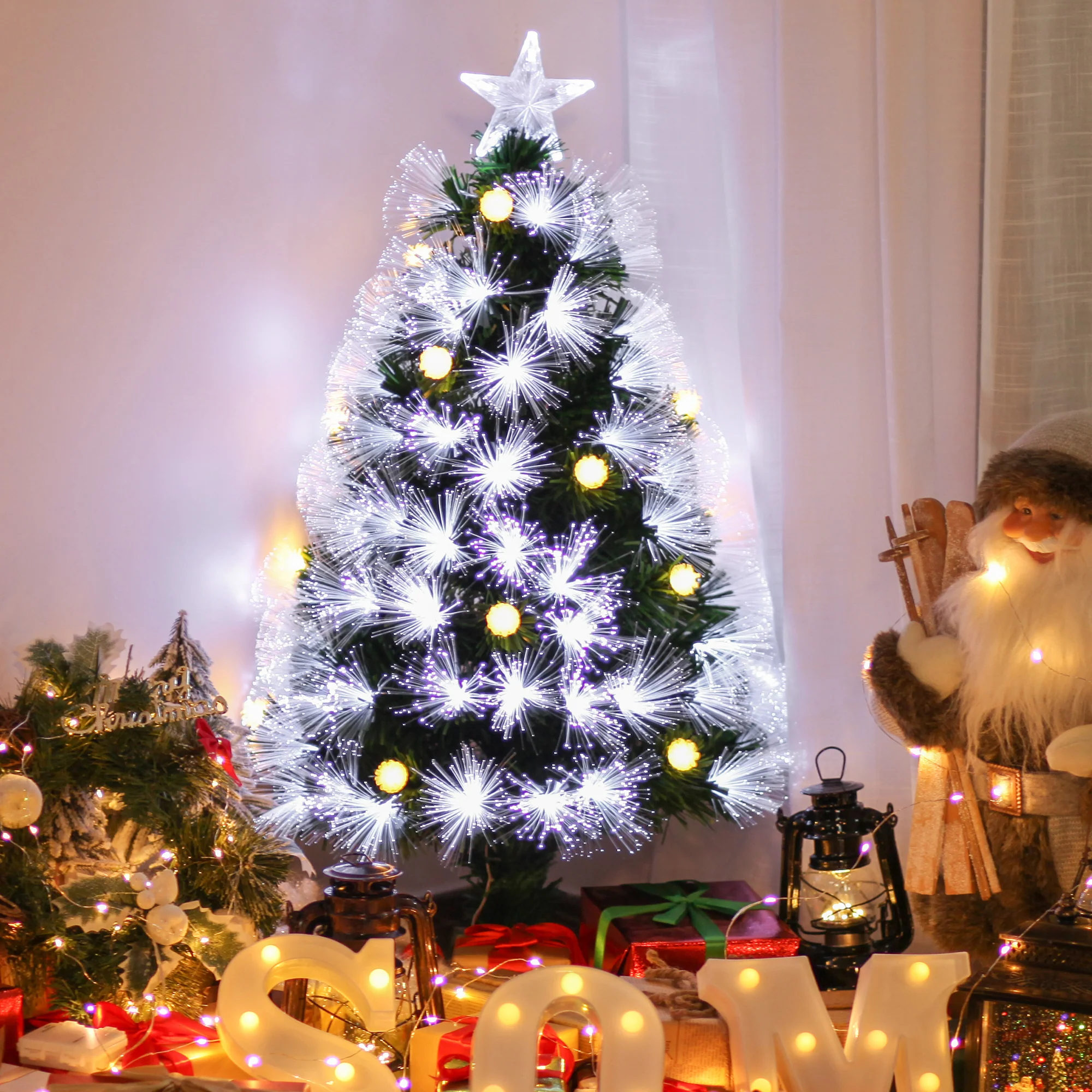 Sapin de No?l Artificiel Lumineux 90H cm Fibre Optique LED + 14 Ampoules + Support Pied 90 Branches étoile Sommet Brillante Vert - Image 3