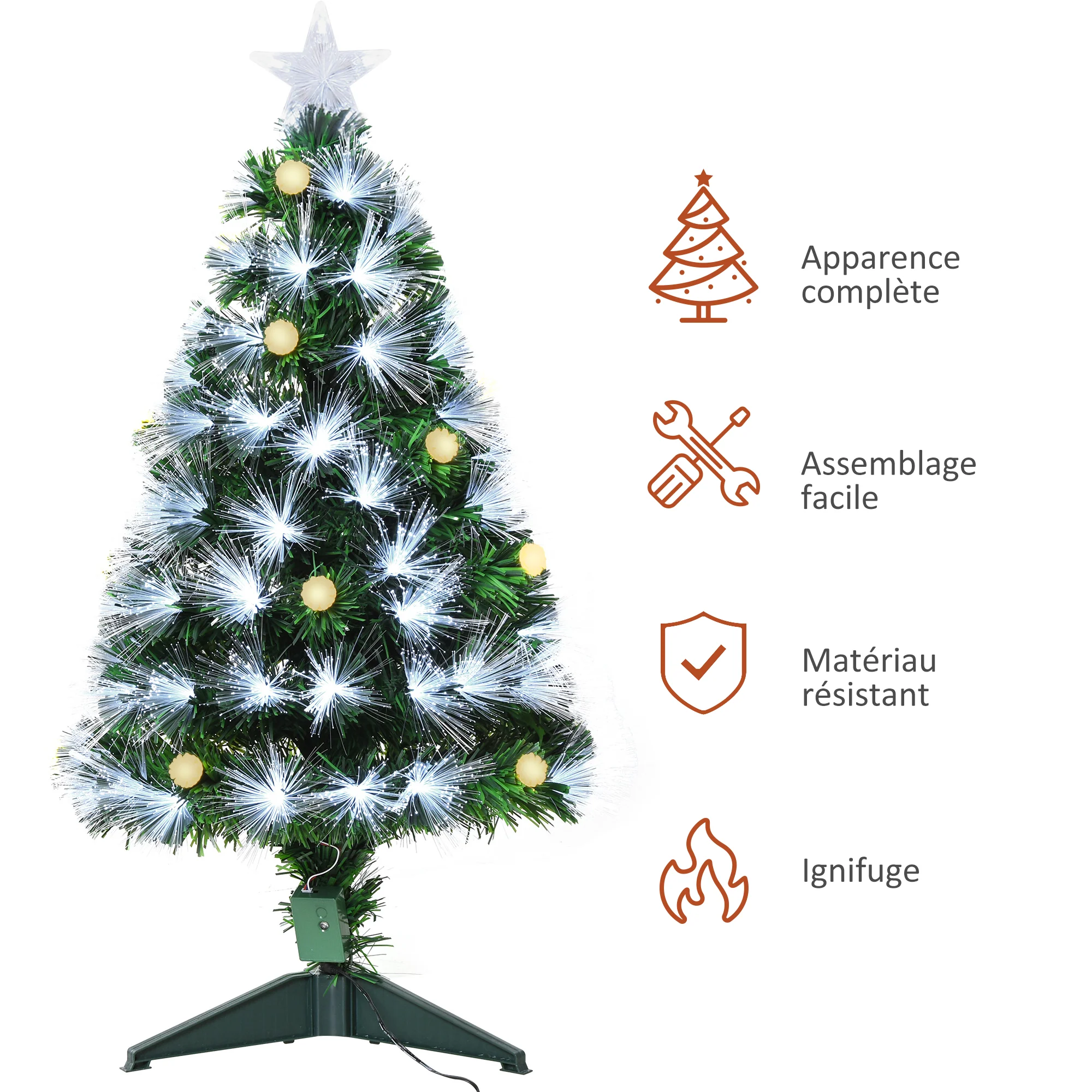 Sapin de No?l Artificiel Lumineux 90H cm Fibre Optique LED + 14 Ampoules + Support Pied 90 Branches étoile Sommet Brillante Vert - Image 5