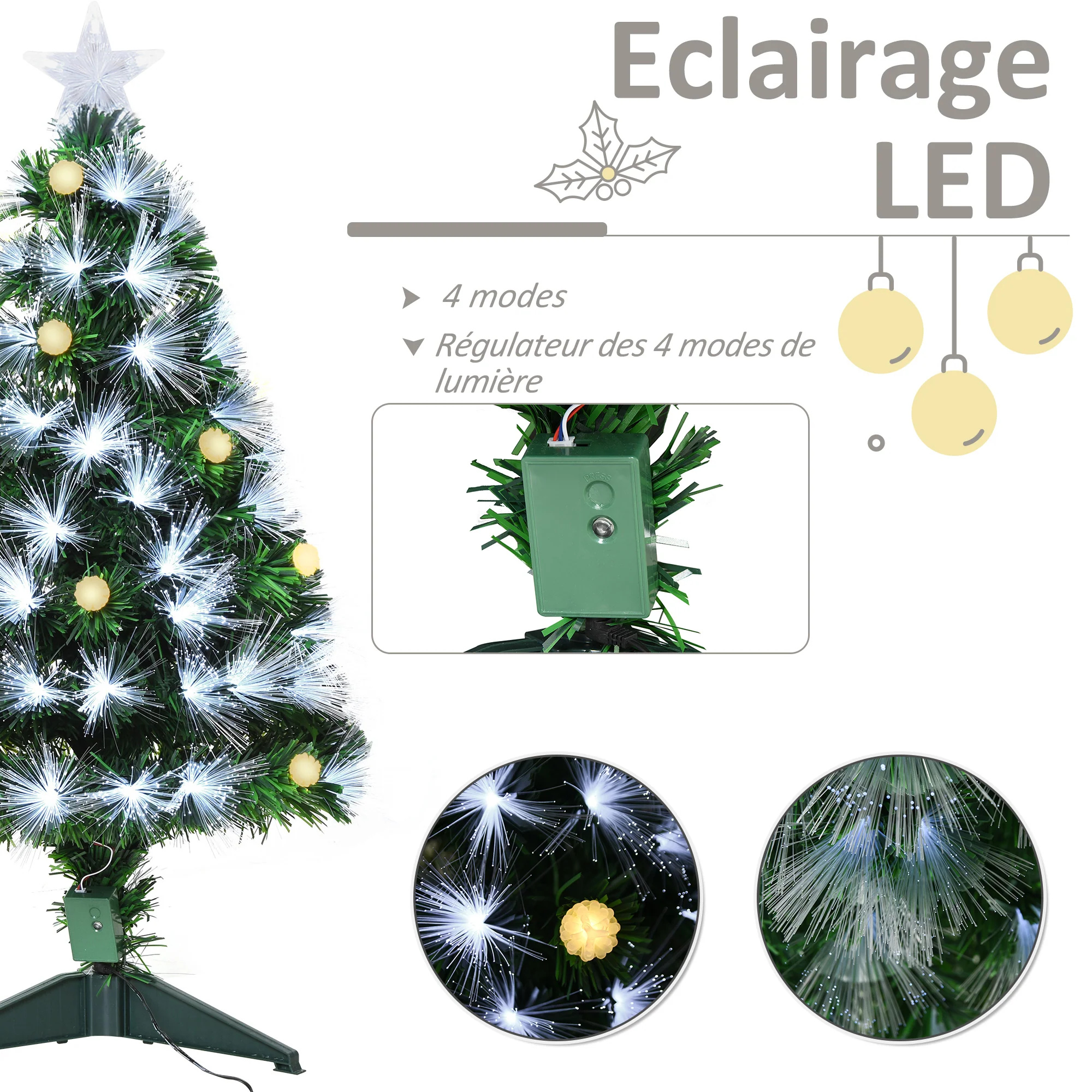 Sapin de No?l Artificiel Lumineux 90H cm Fibre Optique LED + 14 Ampoules + Support Pied 90 Branches étoile Sommet Brillante Vert - Image 7