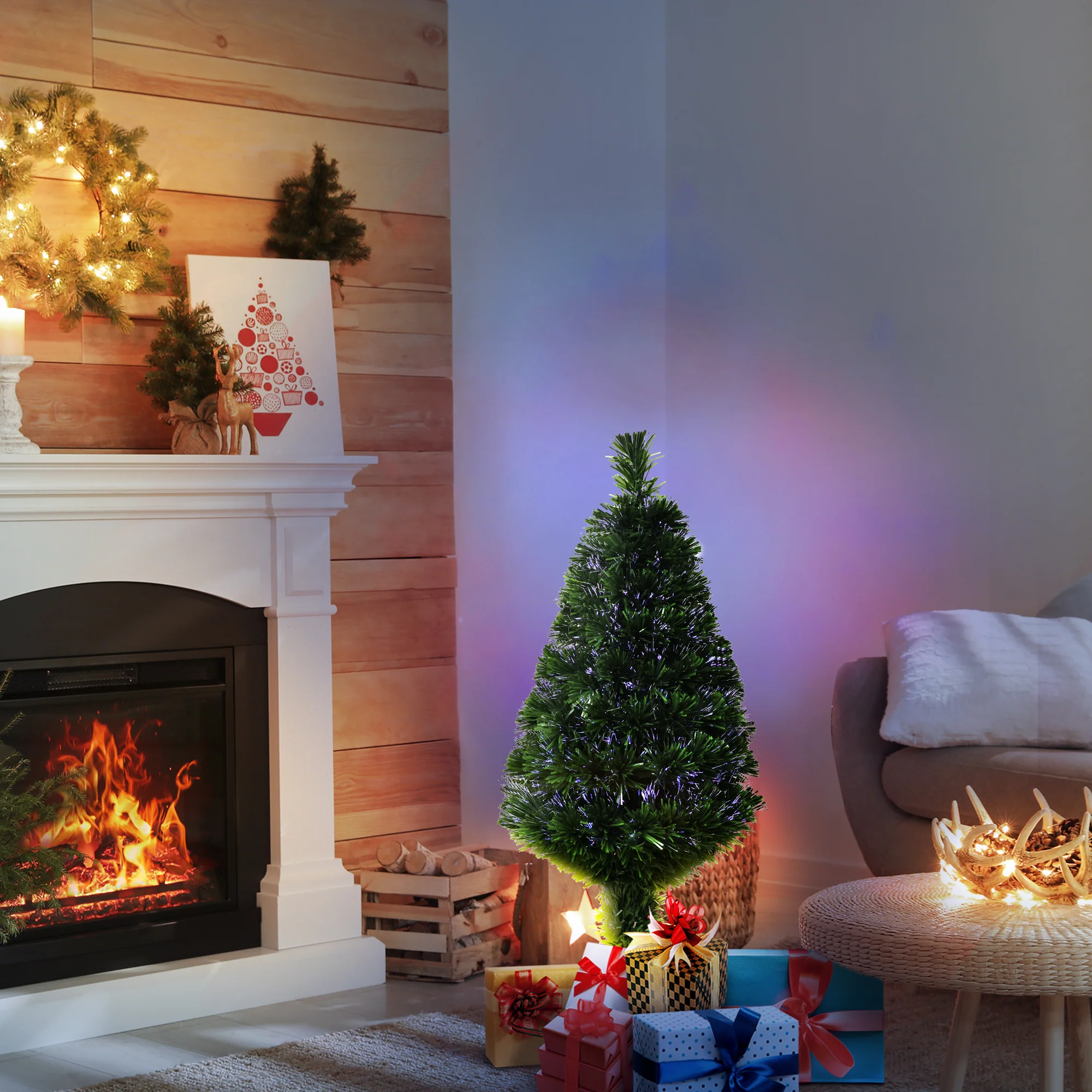 Sapin de No?l Artificiel Lumineux 90H cm Fibre Optique Multicolore + Support Pied 90 Branches Vert - Image 3