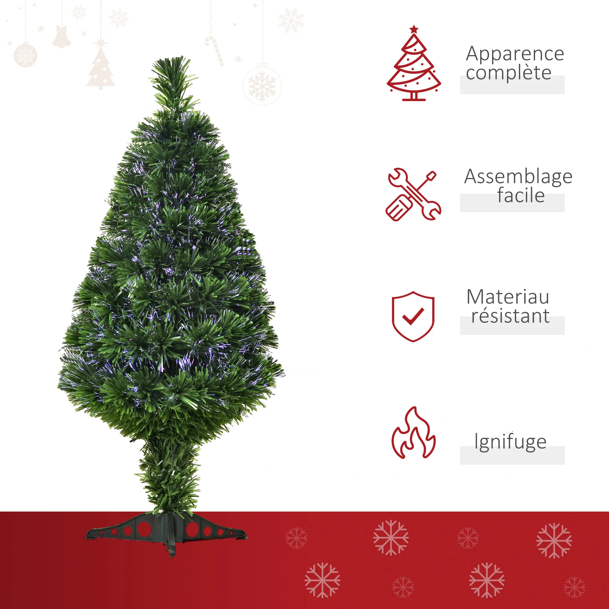 Sapin de No?l Artificiel Lumineux 90H cm Fibre Optique Multicolore + Support Pied 90 Branches Vert - Image 5