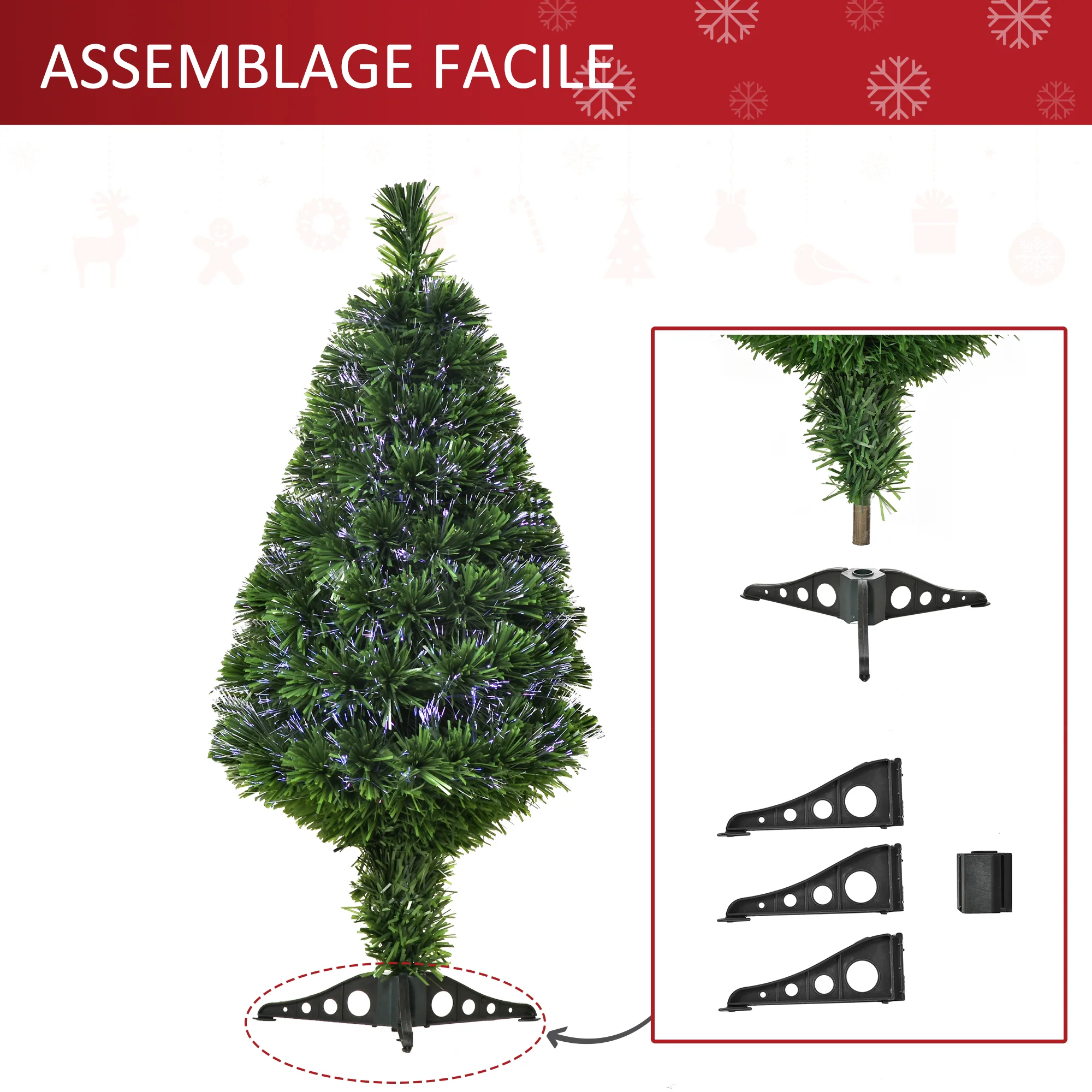 Sapin de No?l Artificiel Lumineux 90H cm Fibre Optique Multicolore + Support Pied 90 Branches Vert - Image 7