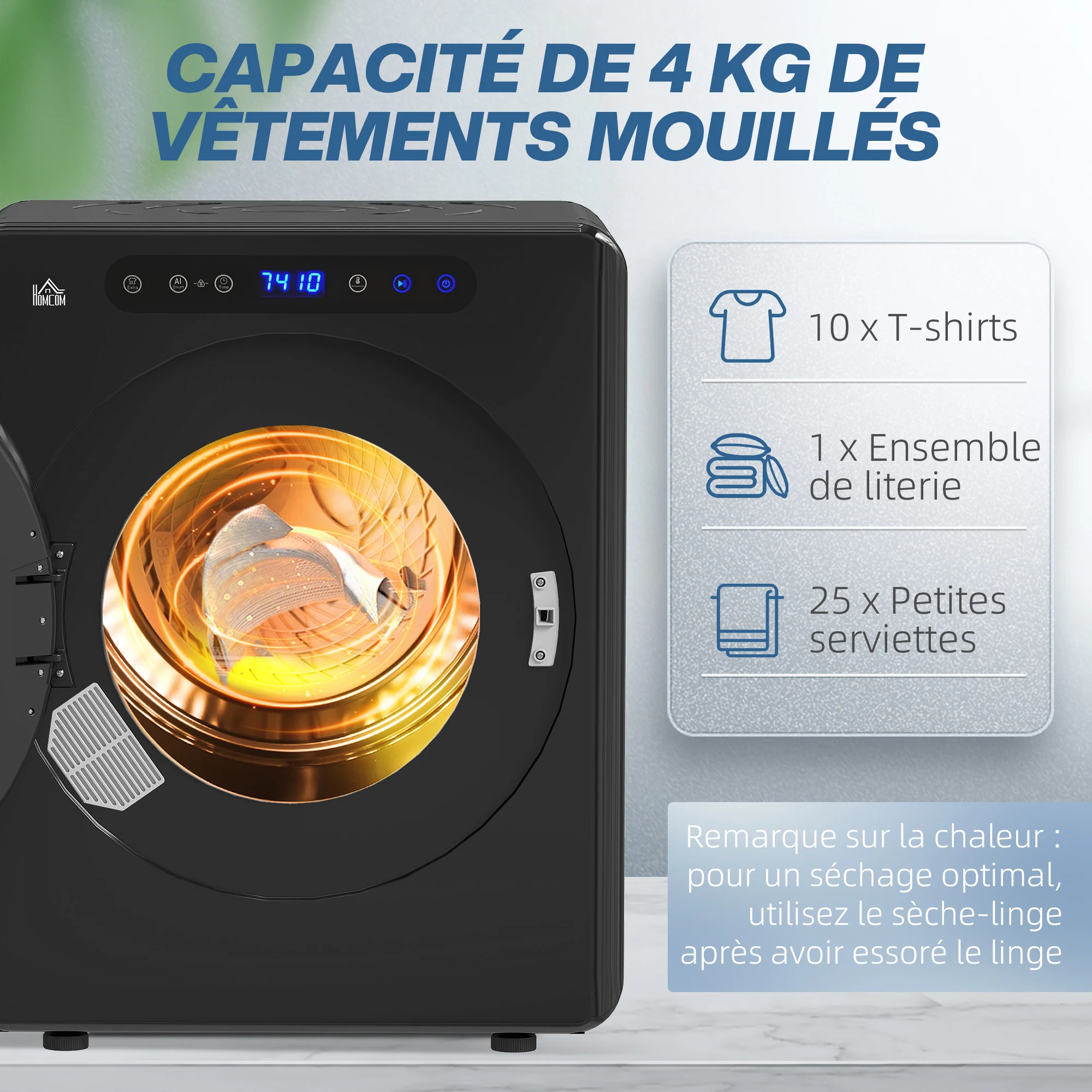Sèche linge à évacuation compact, sèche-linge électrique 1000 W 3 Kg avec 6 modes de séchage, cuve en acier inoxydable, charge frontale, minuterie, pour appartement, maison, camping-cars, noir - Image 6