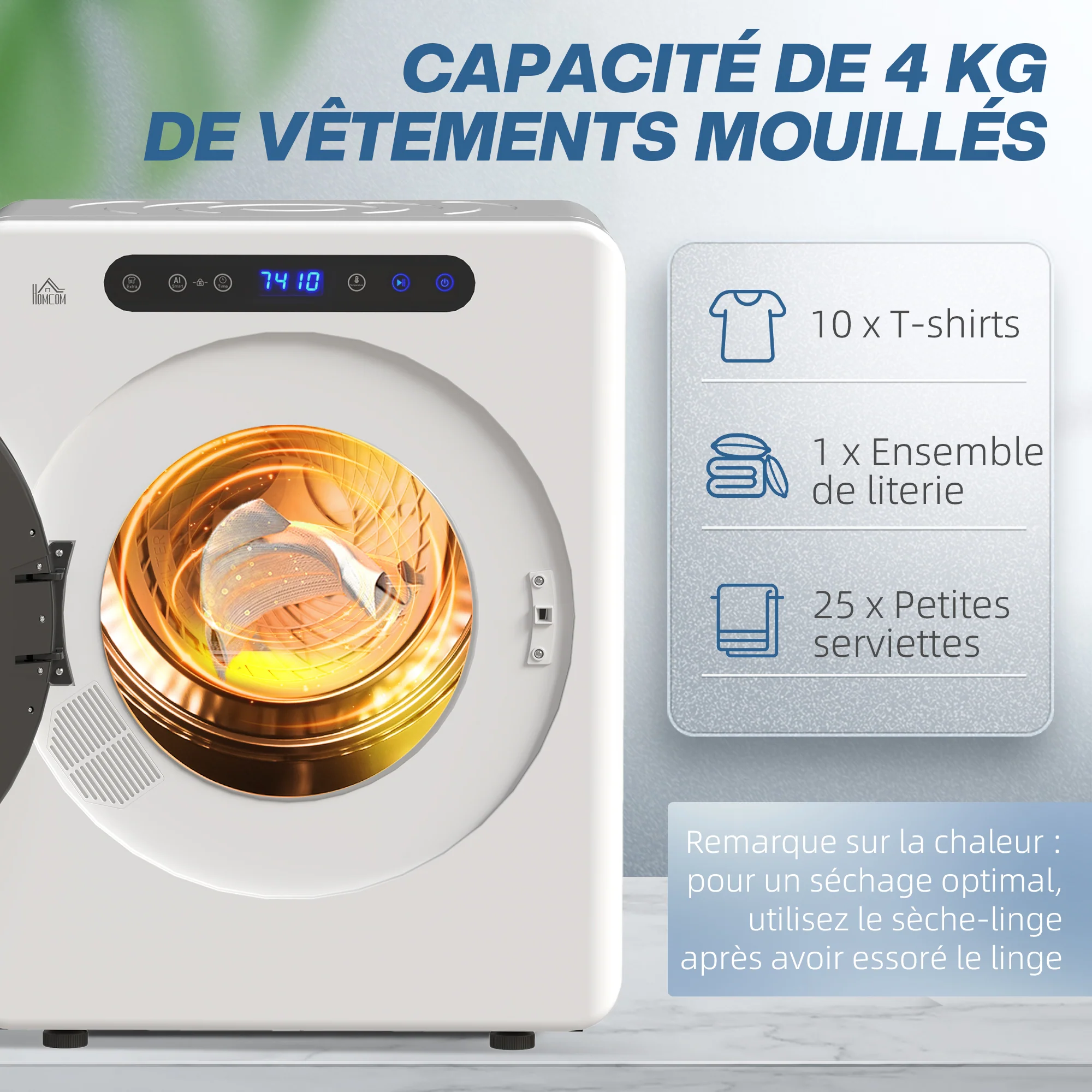 Sèche linge à évacuation compact, sèche-linge électrique 1000 W 3 Kg avec 6 modes de séchage, cuve en acier inoxydable, charge frontale, minuterie, pour appartement, maison, camping-cars, blanc - Image 6